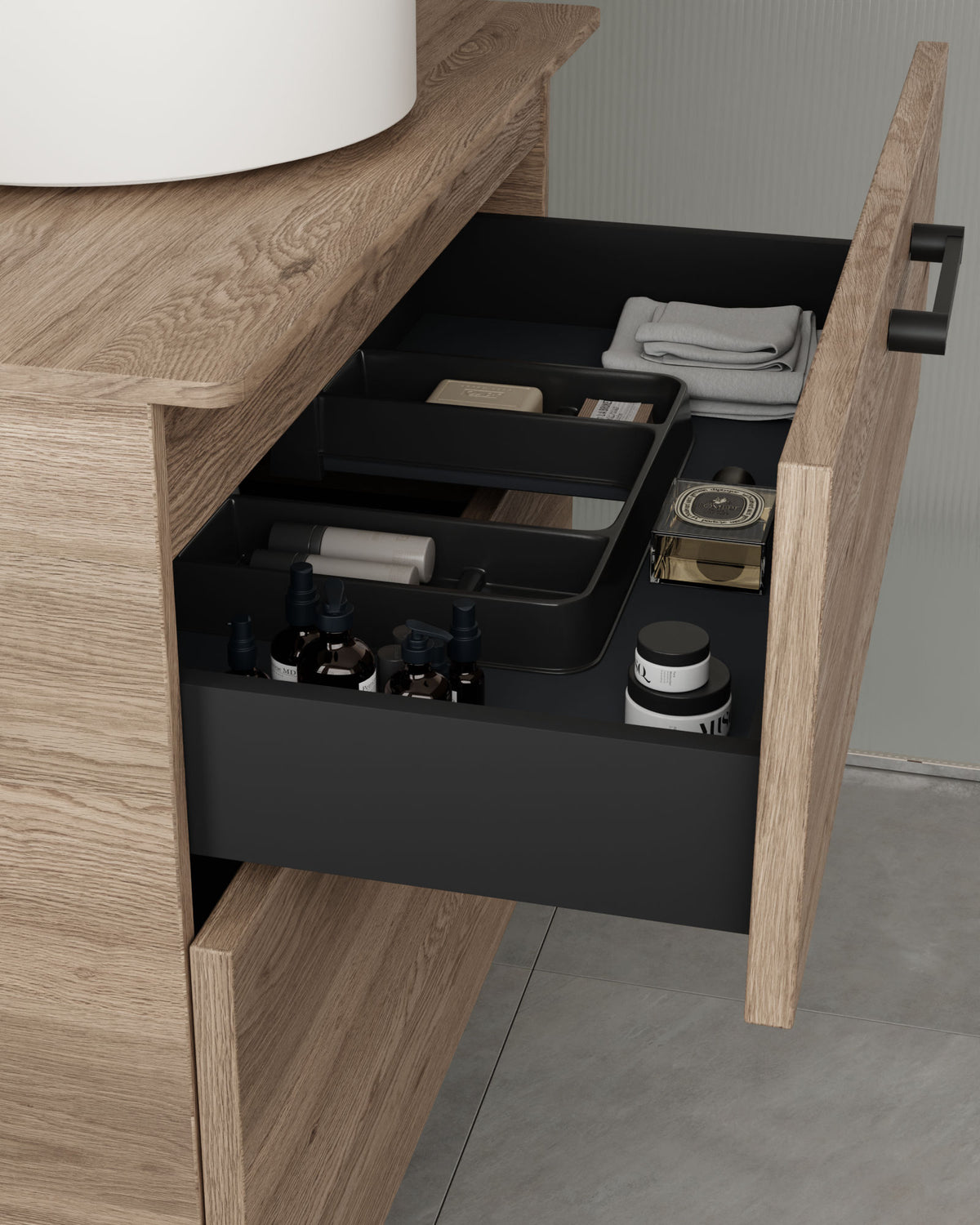 Stelo 2 cajones Roble Natural Negro – con encimera Roble natural, vista del cajón