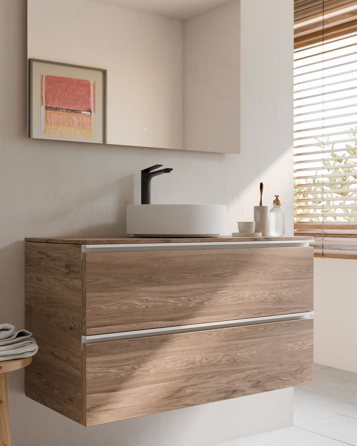 Ronda 2 cajones roble natural blanco – con encimera Roble natural, primer plano