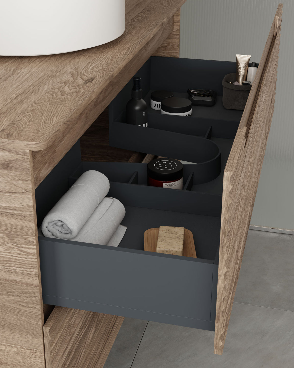 Kairo 2 Schubladen Natureiche – mit Arbeitsplatte Natureiche, Schubladenansicht
