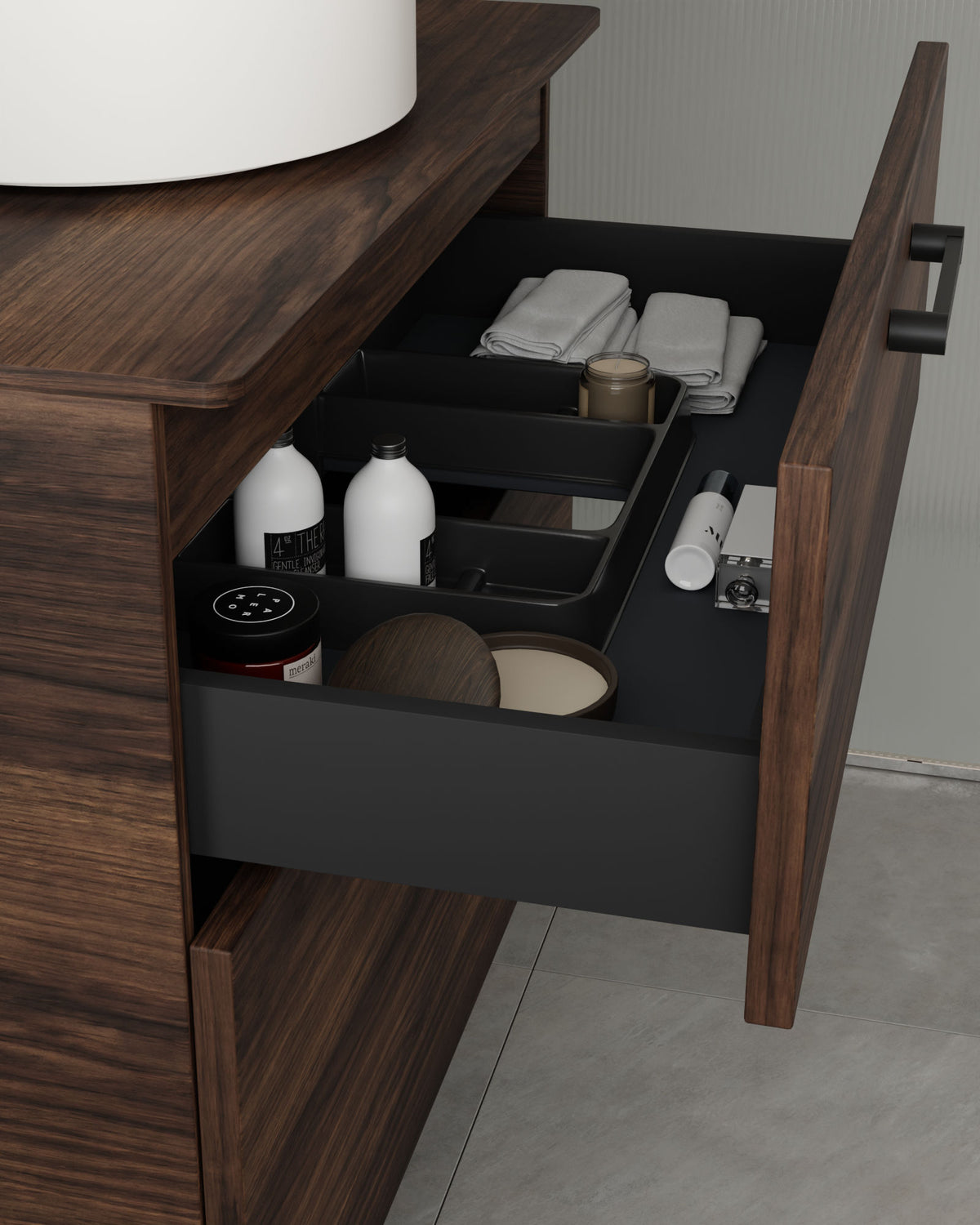 Stelo 2 cajones Nogal Negro – con encimera Nogal, vista del cajón