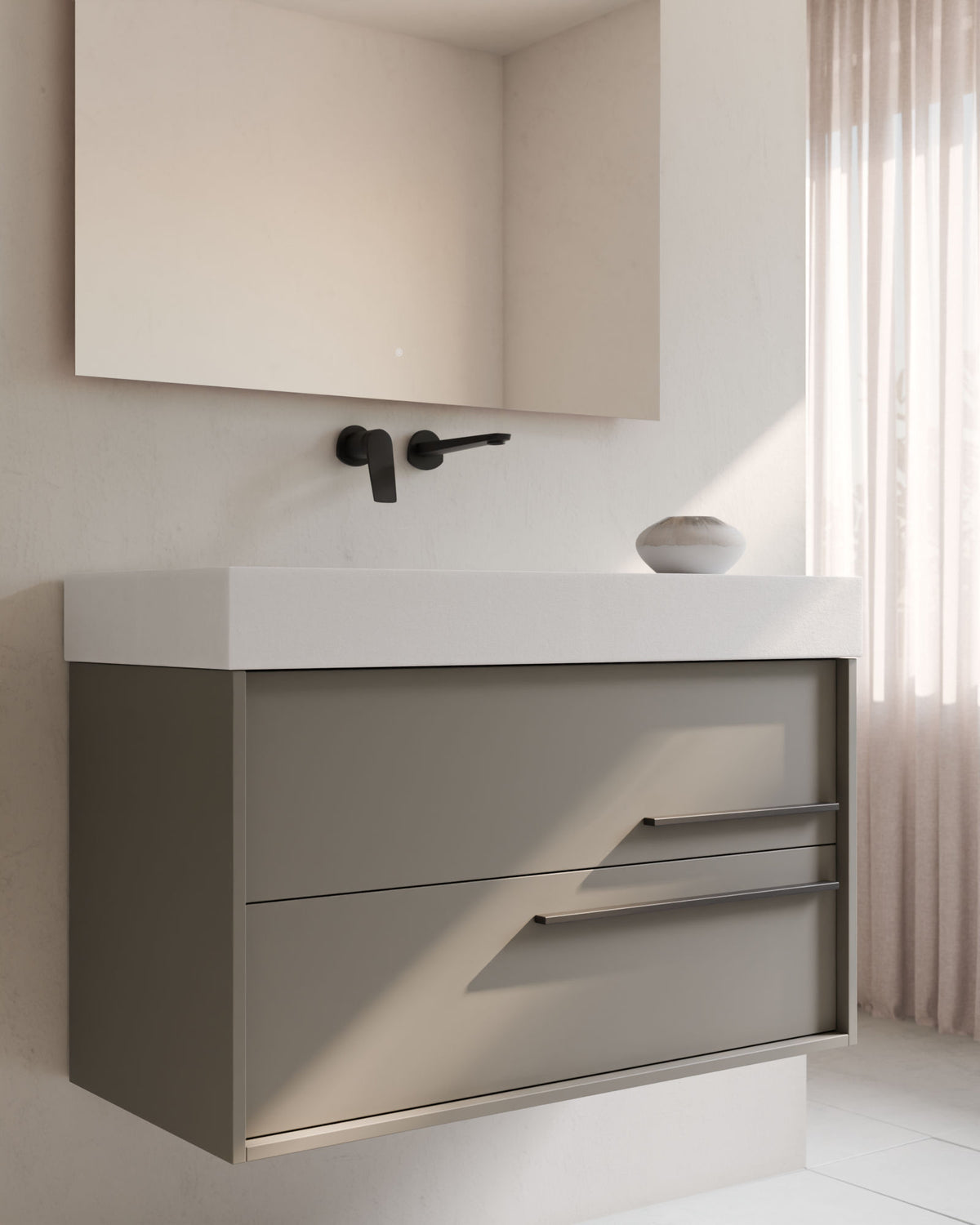 Marel 2 tiroirs Quartz Graphite – avec plan vasque Toren Blanc, Tablier 10 cm, sans trou de robinet, gros plan