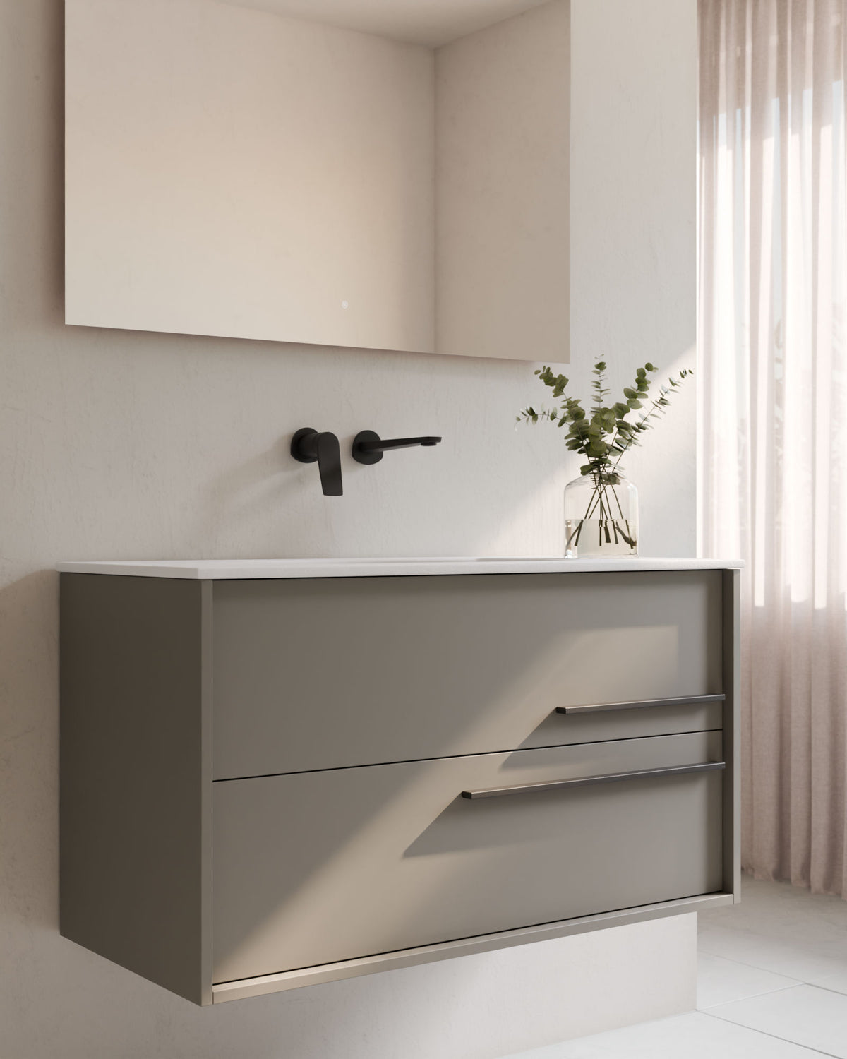 Marel 2 tiroirs Quartz Graphite – avec plan vasque Toren Blanc, Tablier 2 cm, sans trou de robinet, gros plan