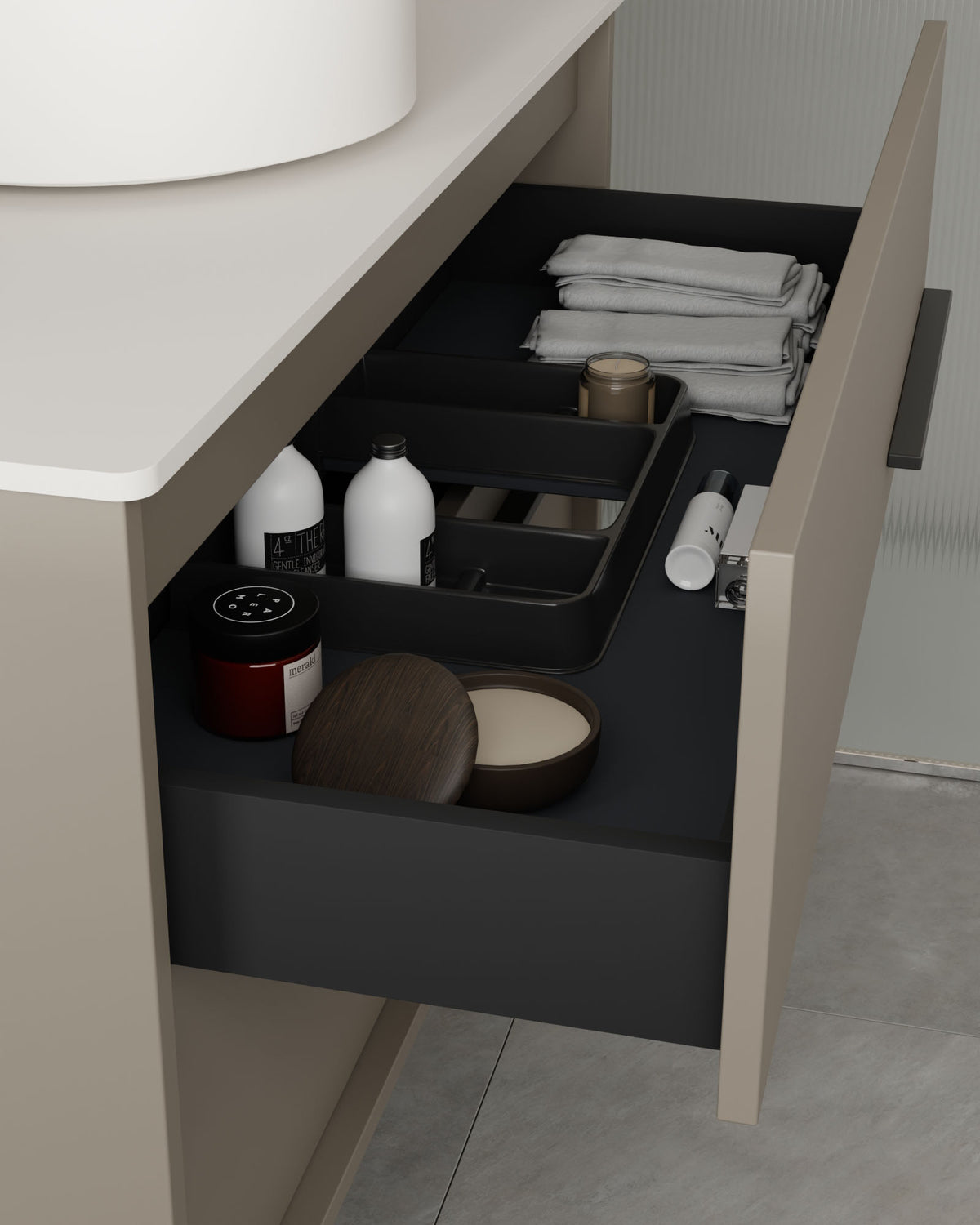 Marel 2 tiroirs Quartz Graphite – avec plan de travail Blanc, vue du tiroir