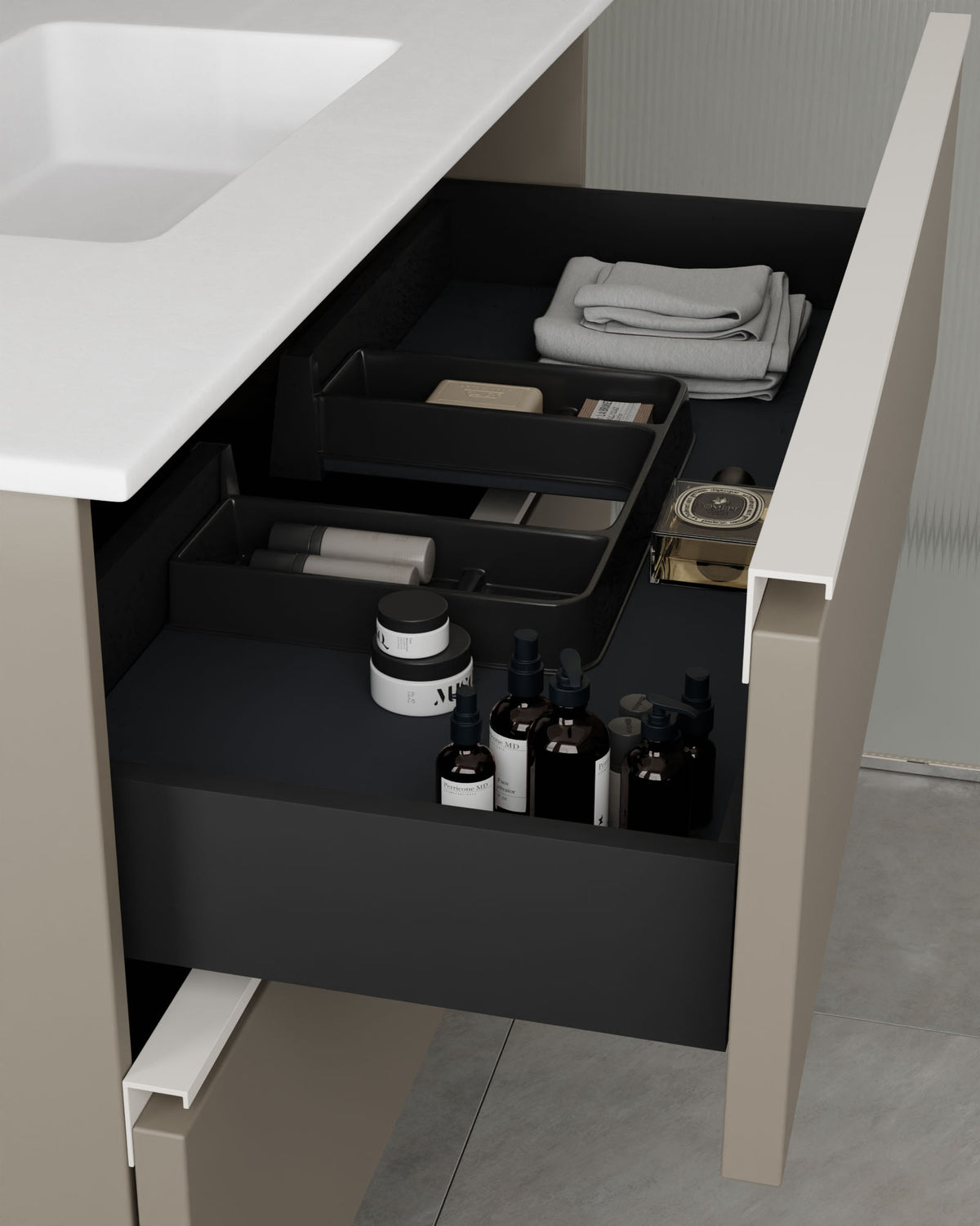 Ronda 2 tiroirs Quartz Blanc – avec plan vasque Toren Blanc, Tablier 2 cm, avec trou de robinet, vue du tiroir