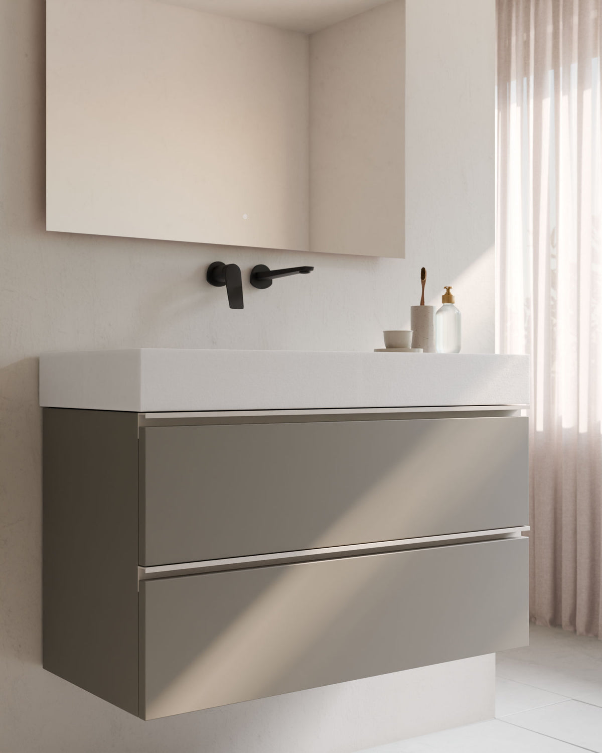 Ronda 2 tiroirs Quartz Blanc – avec plan vasque Toren Blanc, Tablier 10 cm, sans trou de robinet, gros plan