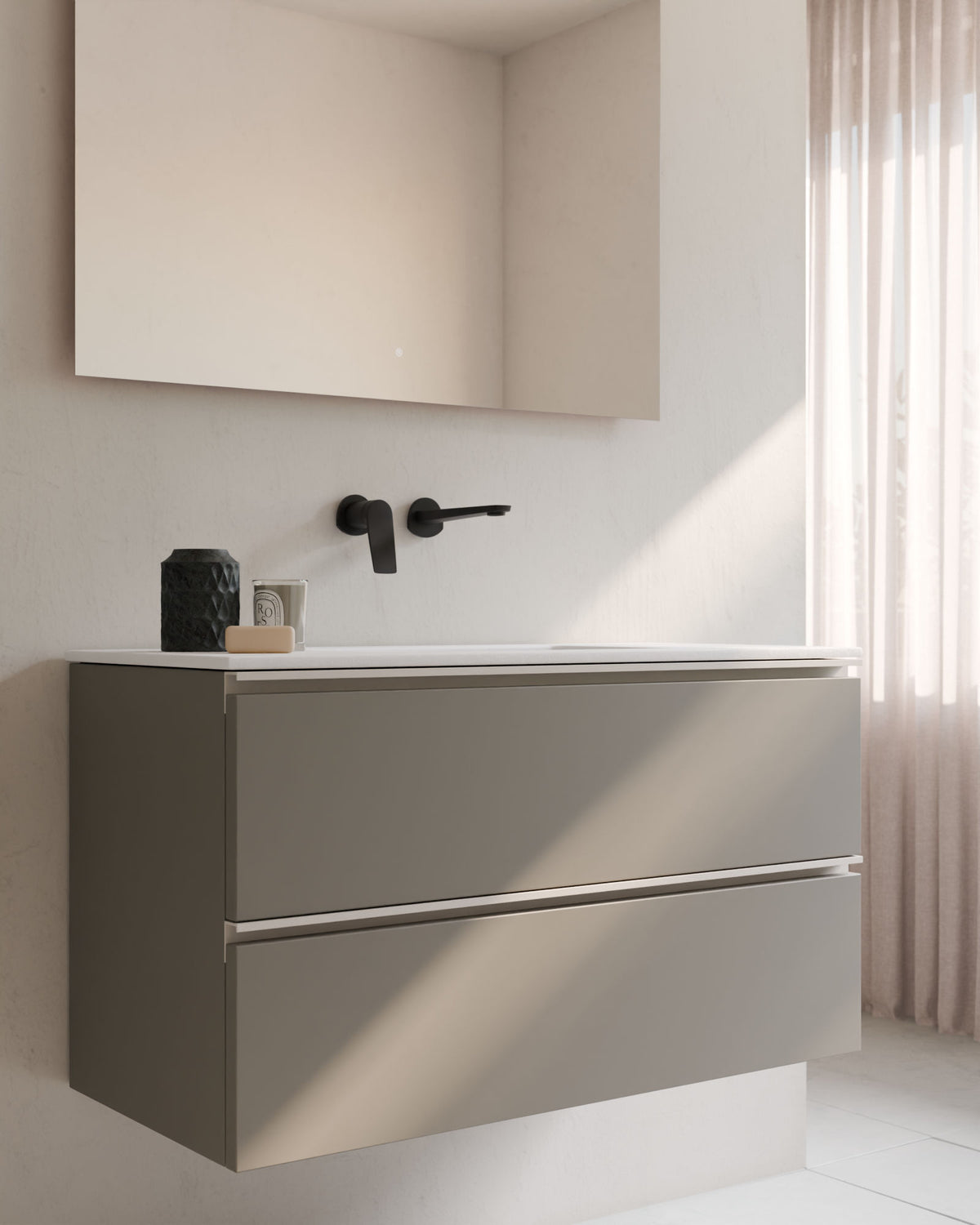 Ronda 2 tiroirs Quartz Blanc – avec plan vasque Toren Blanc, Tablier 2 cm, sans trou de robinet, gros plan