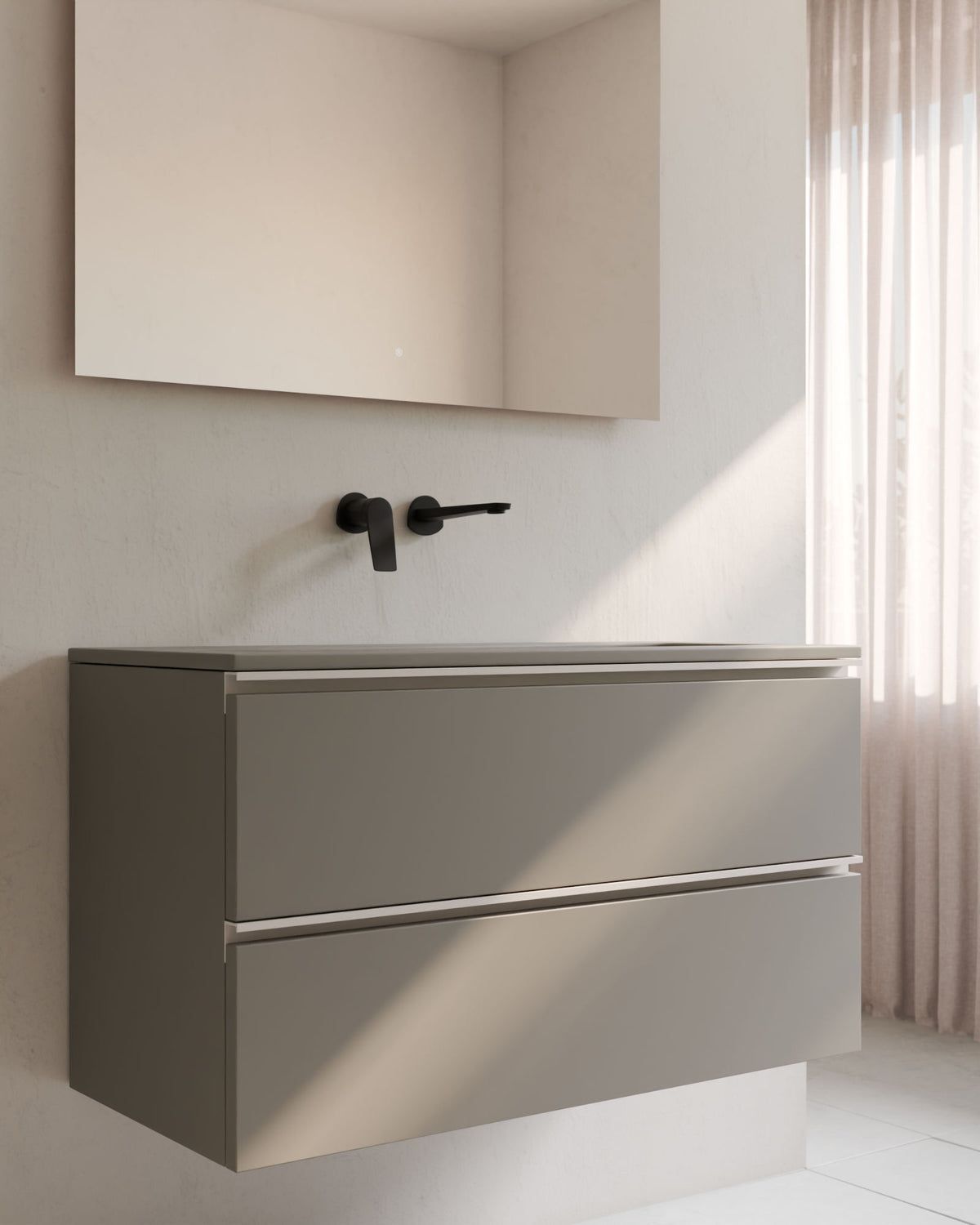 Ronda 2 tiroirs Quartz Blanc – avec plan vasque Meira Quartz, Tablier 2 cm, sans trou de robinet, gros plan