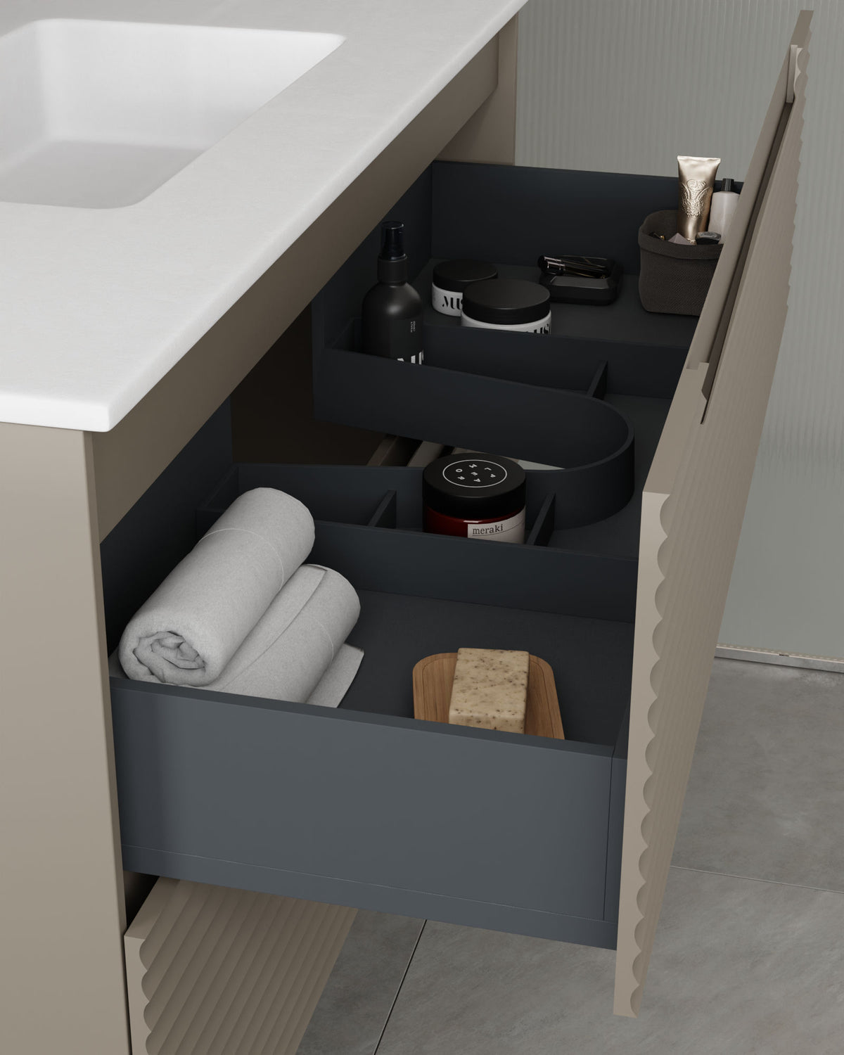 Kairo 2 cajones cuarzo – con lavabo integrado Toren Blanco, Faldón 2 cm, sin agujero de grifo, vista del cajón