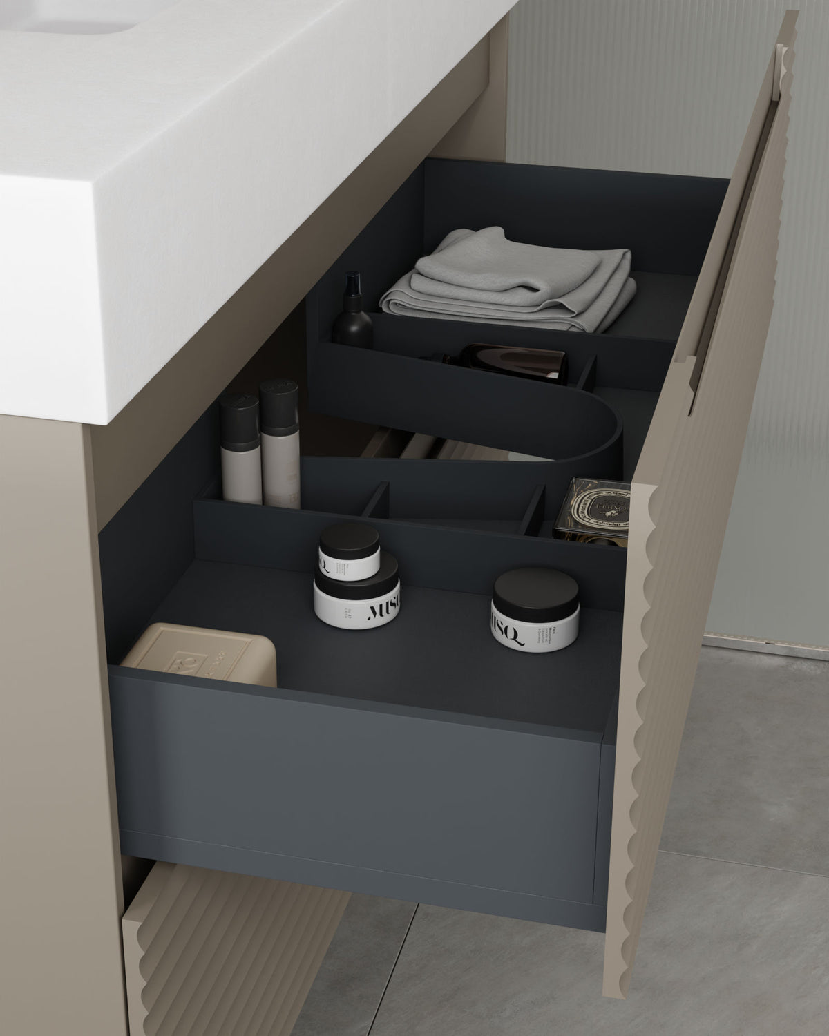 Kairo 2 cajones cuarzo – con lavabo integrado Toren Blanco, Faldón 10 cm, sin agujero de grifo, vista del cajón