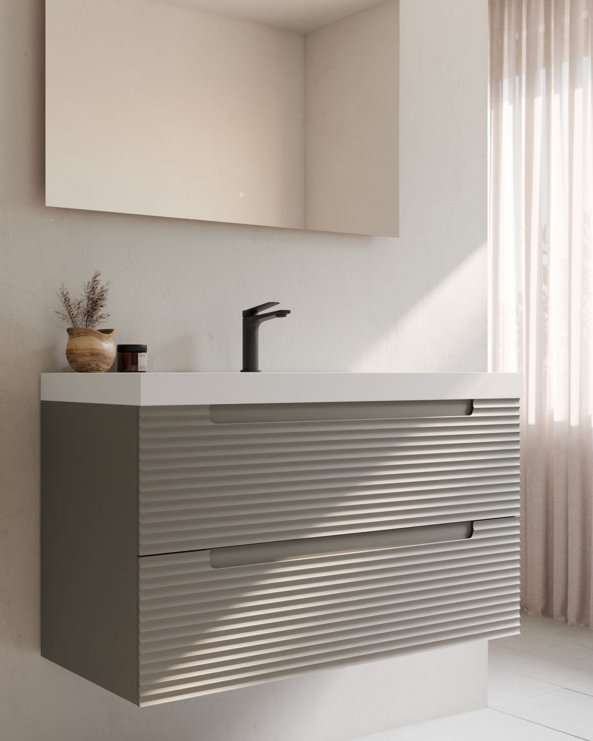 Kairo 2 cajones cuarzo – con lavabo integrado Ardelia Blanco, Faldón 6 cm, con agujero de grifo, primer plano