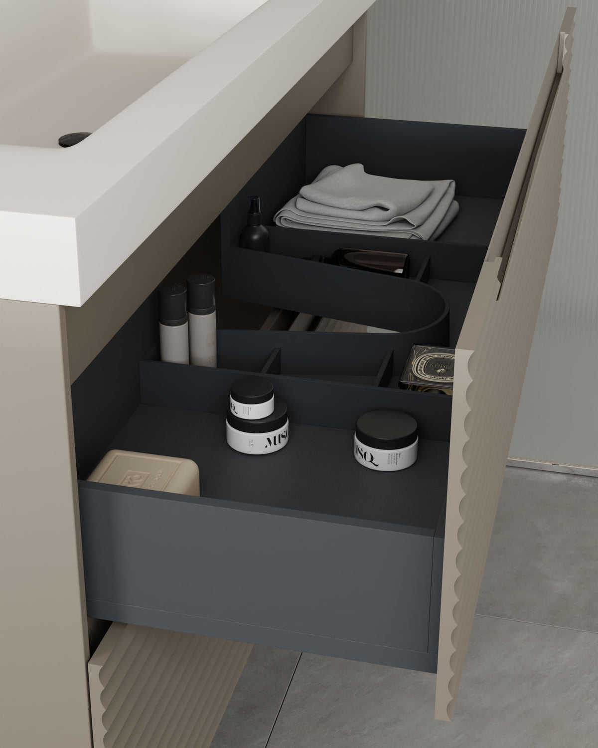 Kairo 2 cajones cuarzo – con lavabo integrado Ardelia Blanco, Faldón 6 cm, con agujero de grifo, vista del cajón