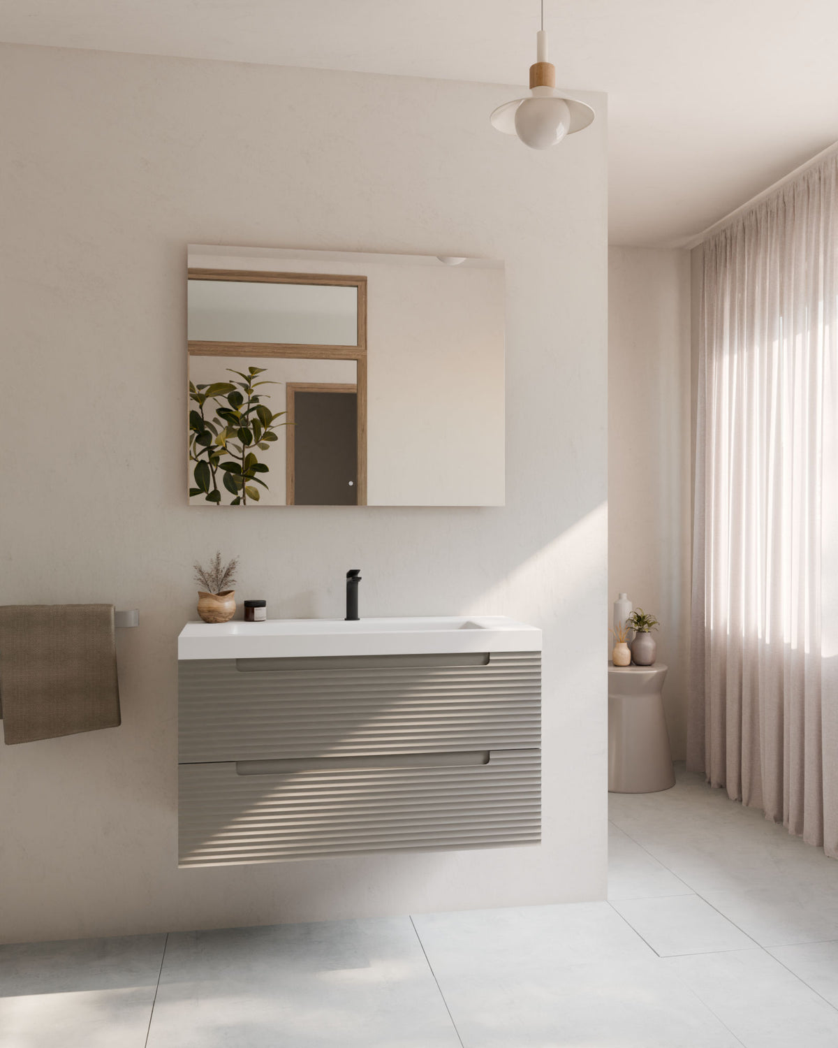 Kairo 2 cajones cuarzo – con lavabo integrado Ardelia Blanco, Faldón 6 cm, con agujero de grifo, vista frontal