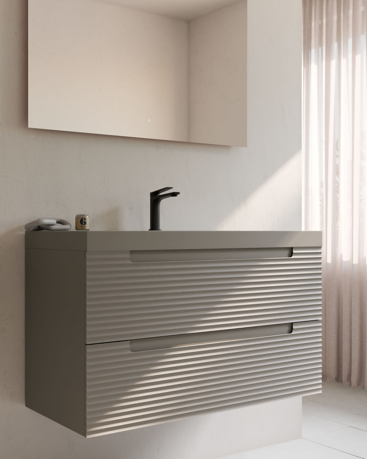 Kairo 2 cajones cuarzo – con lavabo integrado Ardelia Cuarzo, Faldón 6 cm, con agujero de grifo, primer plano