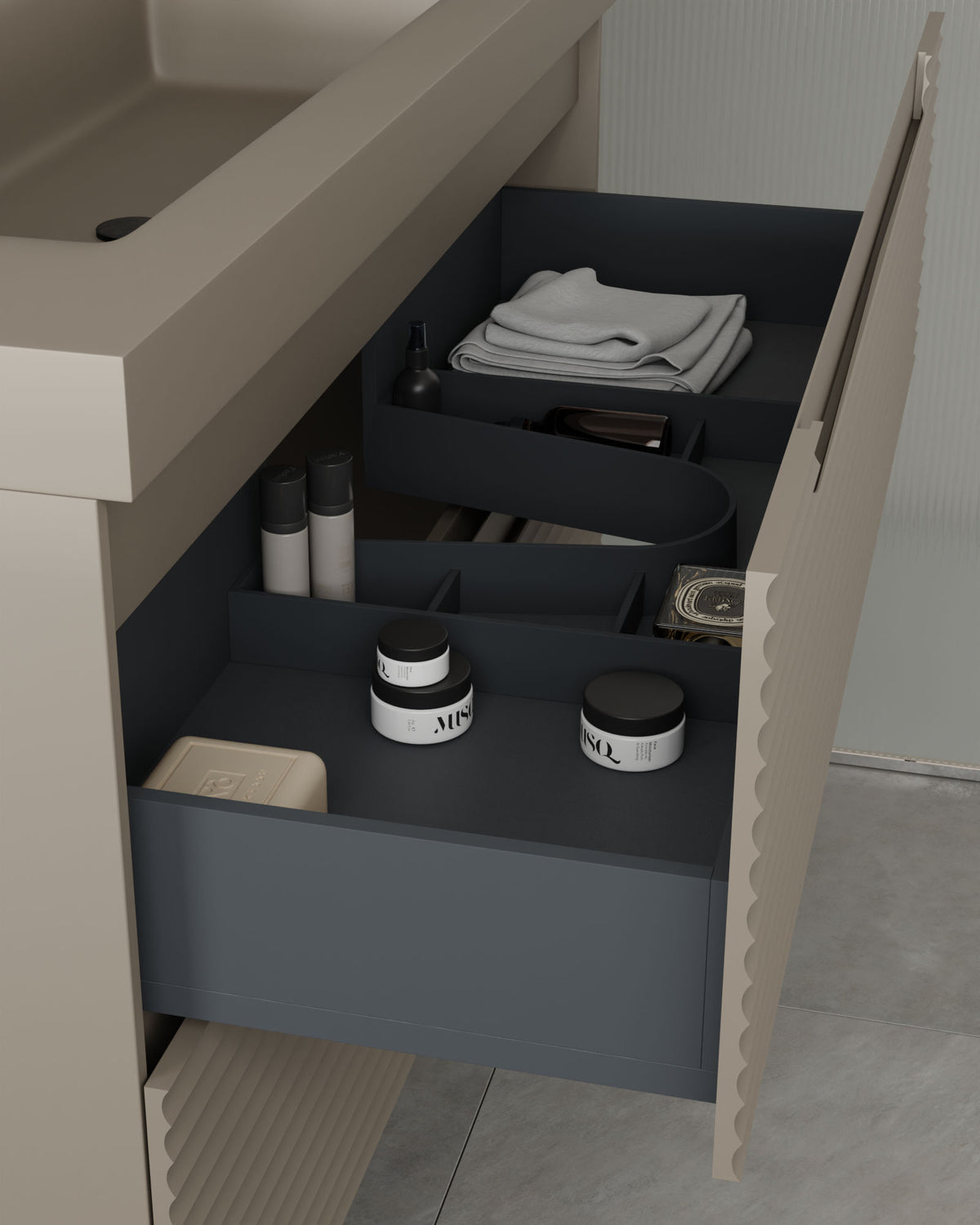 Kairo 2 cajones cuarzo – con lavabo integrado Ardelia Cuarzo, Faldón 6 cm, con agujero de grifo, vista del cajón