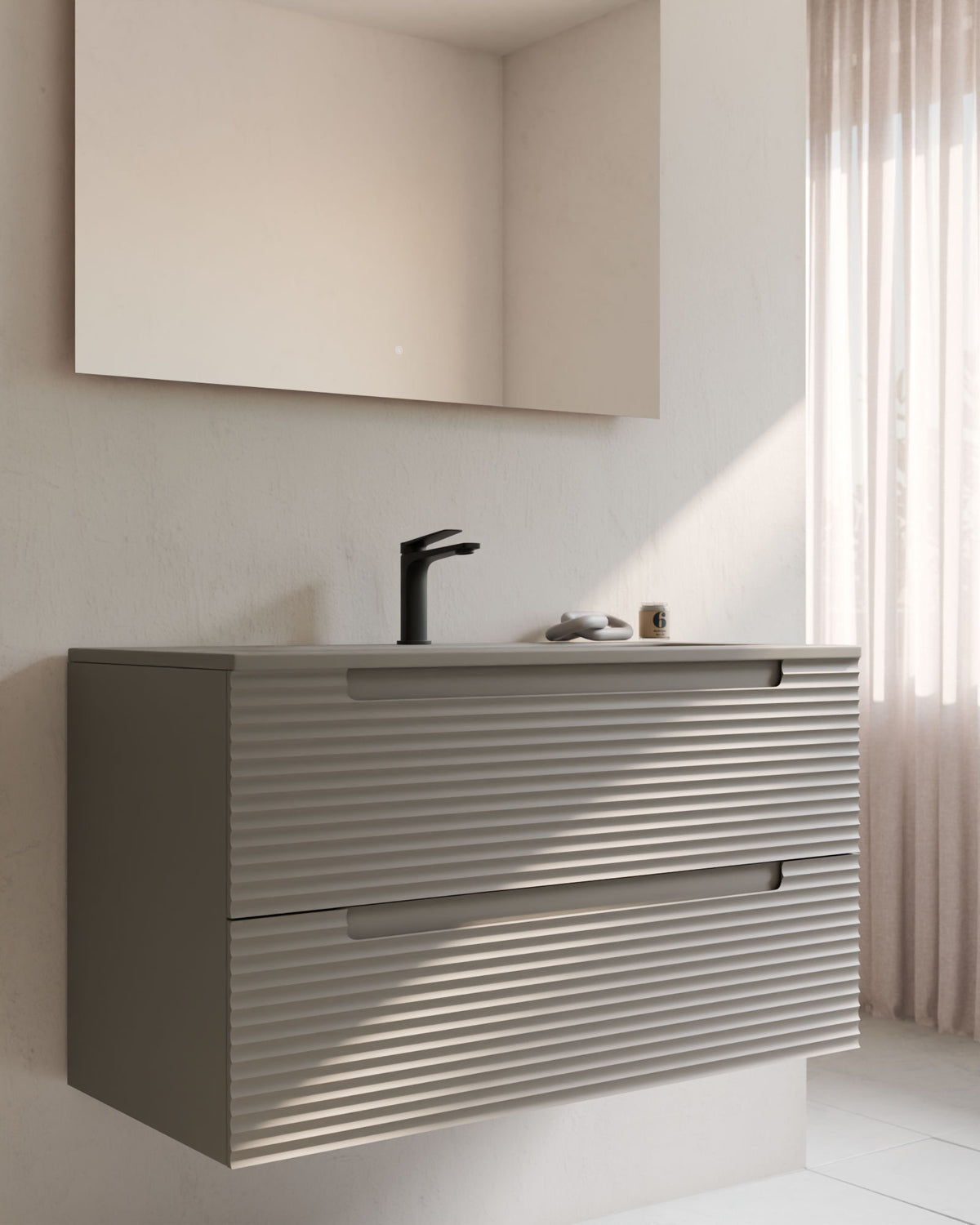 Kairo 2 cajones cuarzo – con lavabo integrado Meira Cuarzo, Faldón 2 cm, con agujero de grifo, primer plano