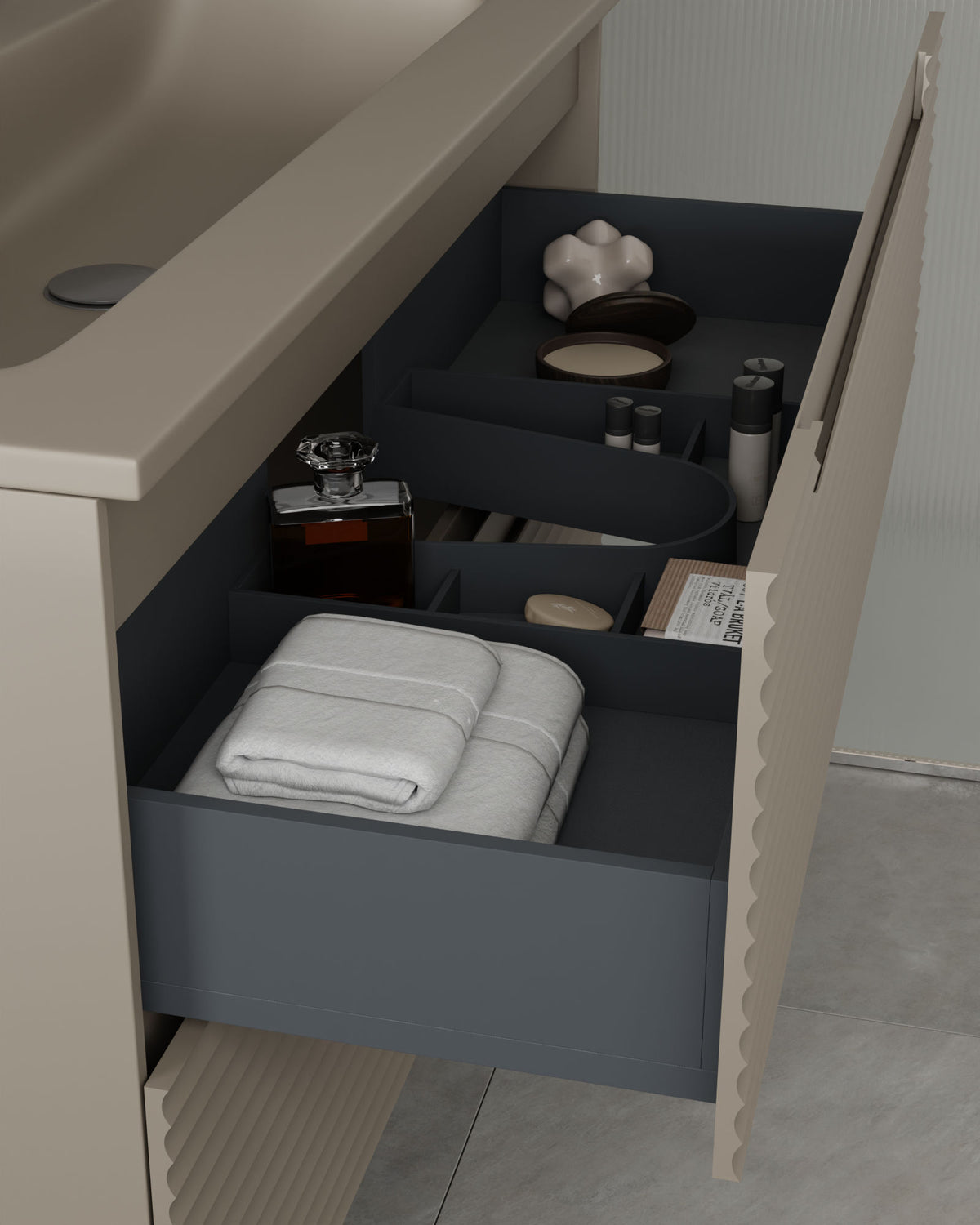Kairo 2 cajones cuarzo – con lavabo integrado Meira Cuarzo, Faldón 2 cm, con agujero de grifo, vista del cajón