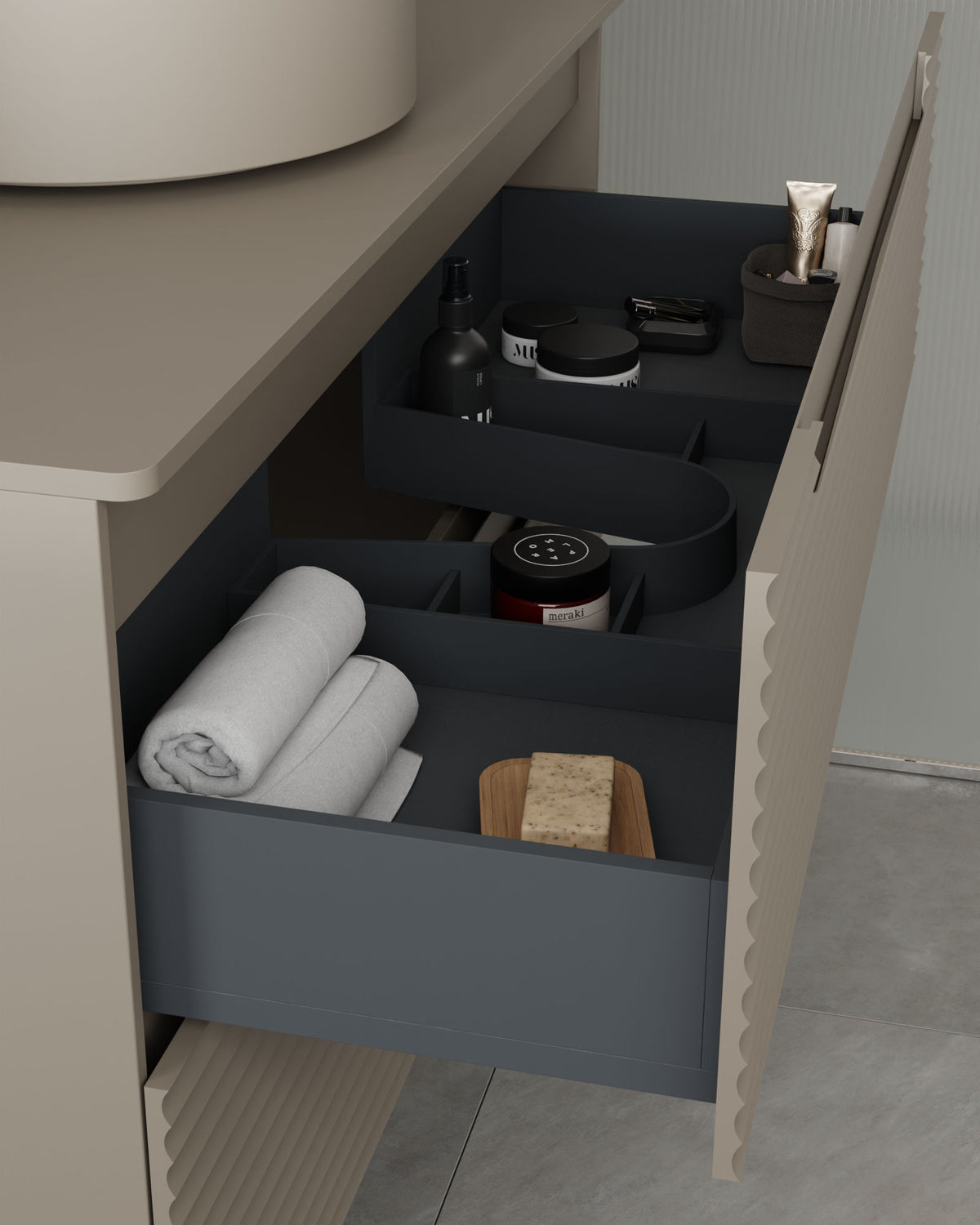 Kairo 2 cajones cuarzo – con encimera Cuarzo, vista del cajón