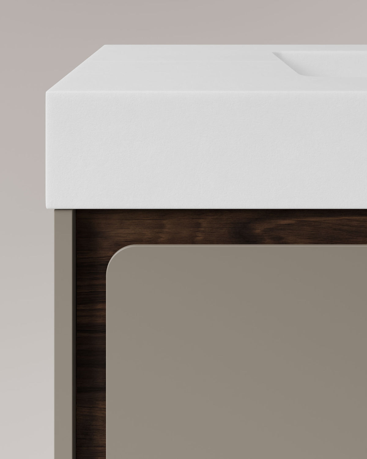Cyra 2 tiroirs Quartz Noyer – avec plan vasque Toren Blanc, Tablier 10 cm, sans trou de robinet, vue de détail