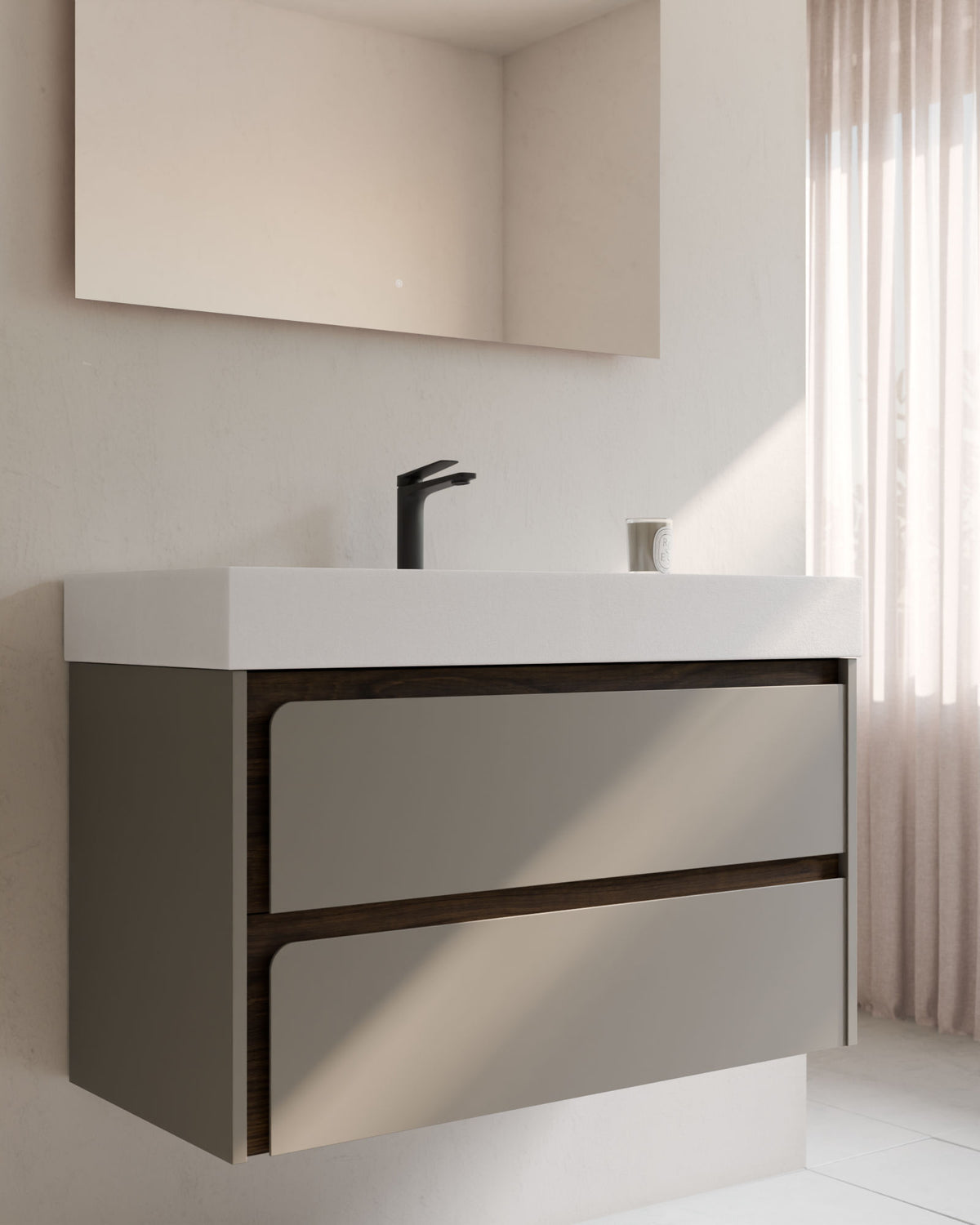 Cyra 2 tiroirs Quartz Noyer – avec plan vasque Toren Blanc, Tablier 10 cm, avec trou de robinet, gros plan