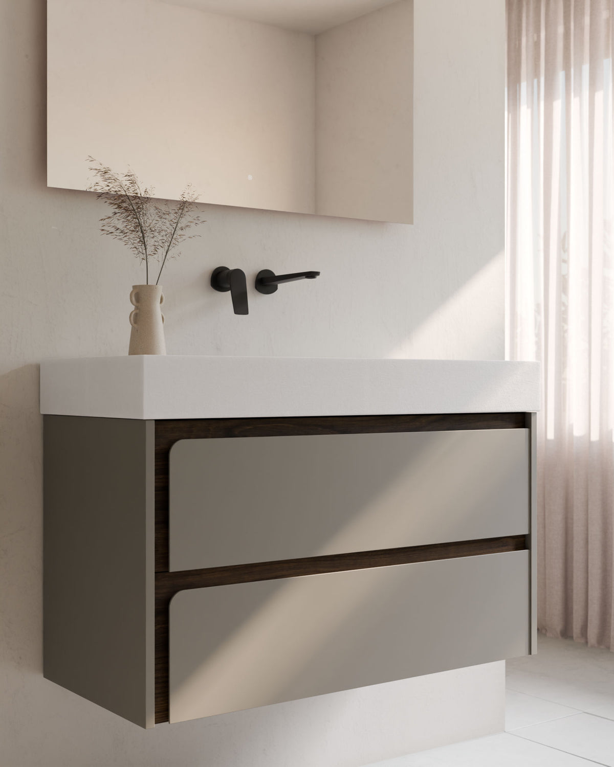 Cyra 2 tiroirs Quartz Noyer – avec plan vasque Toren Blanc, Tablier 10 cm, sans trou de robinet, gros plan