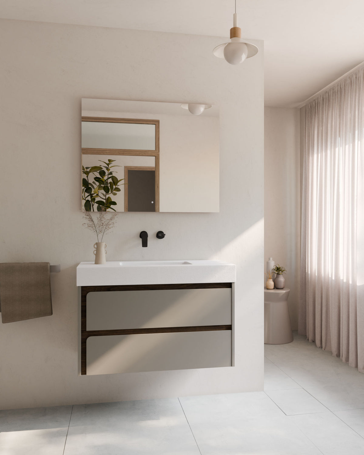 Cyra 2 tiroirs Quartz Noyer – avec plan vasque Toren Blanc, Tablier 10 cm, sans trou de robinet, vue de face