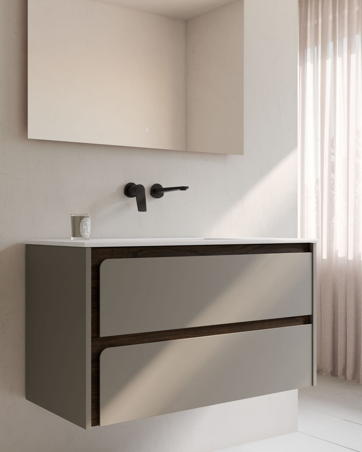 Cyra 2 tiroirs Quartz Noyer – avec plan vasque Toren Blanc, Tablier 2 cm, sans trou de robinet, gros plan