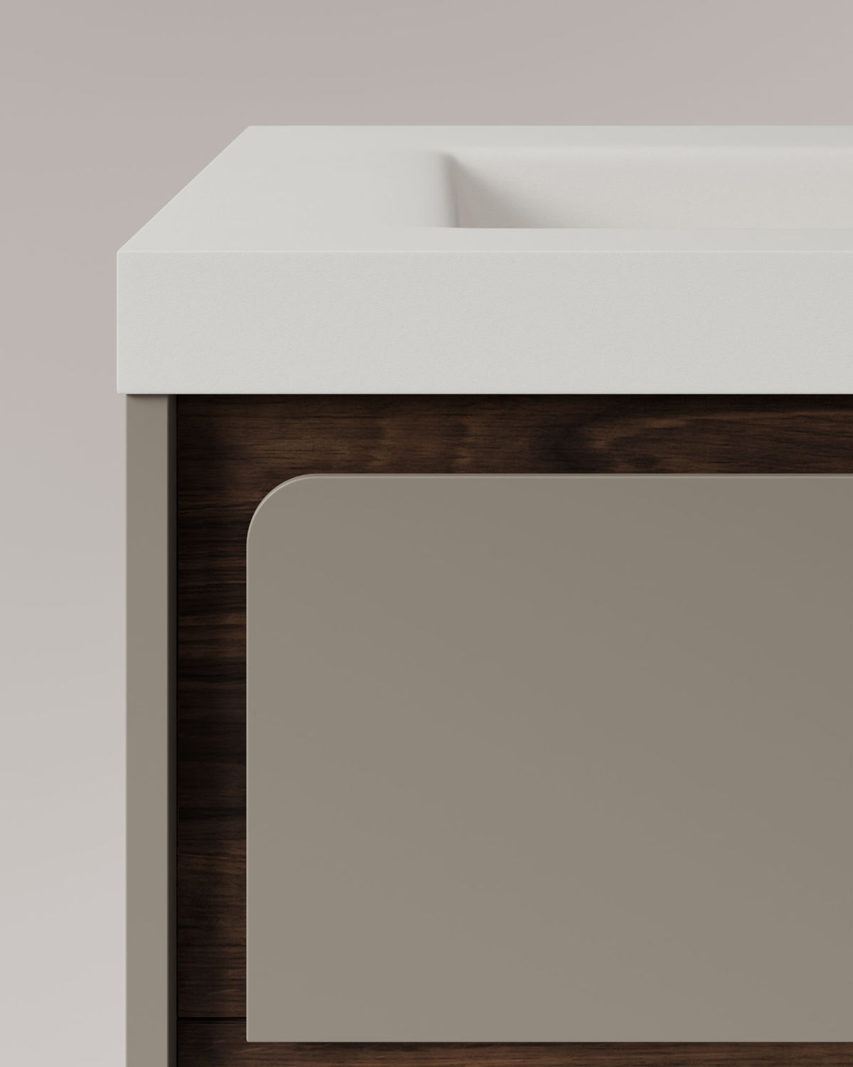 Cyra 2 tiroirs Quartz Noyer – avec plan vasque Ardelia Blanc, Tablier 6 cm, avec trou de robinet, vue de détail