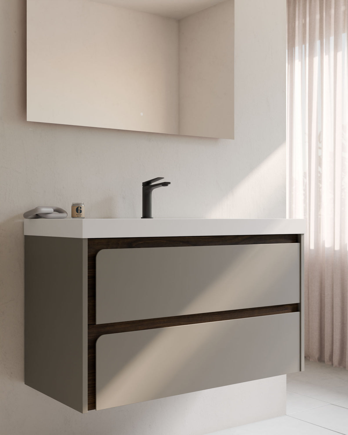 Cyra 2 tiroirs Quartz Noyer – avec plan vasque Ardelia Blanc, Tablier 6 cm, avec trou de robinet, gros plan