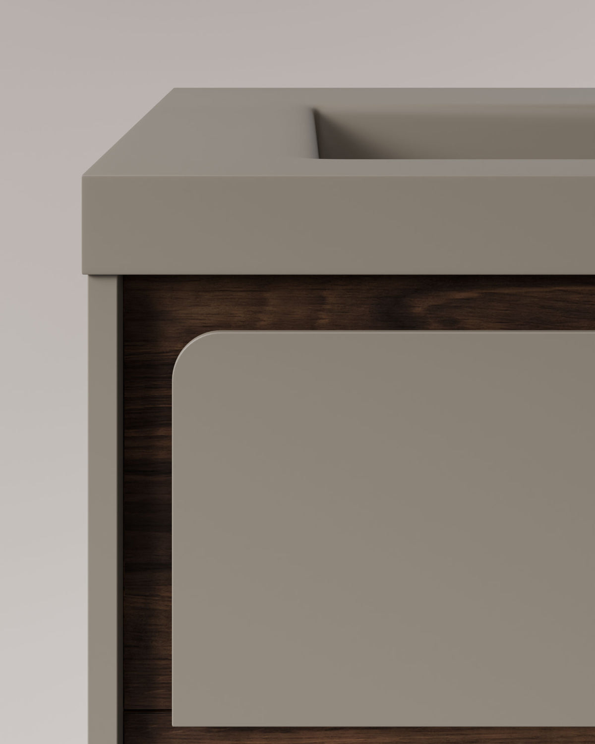 Cyra 2 tiroirs Quartz Noyer – avec plan vasque Ardelia Quartz, Tablier 6 cm, avec trou de robinet, vue de détail