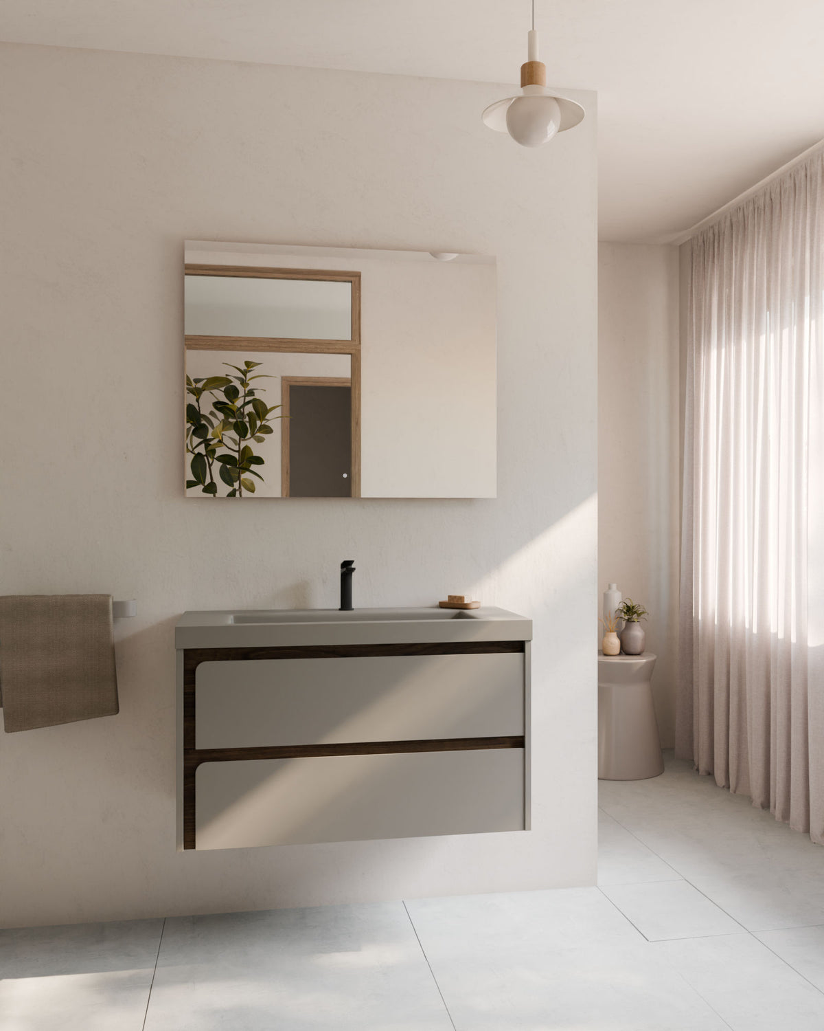 Cyra 2 tiroirs Quartz Noyer – avec plan vasque Ardelia Quartz, Tablier 6 cm, avec trou de robinet, vue de face