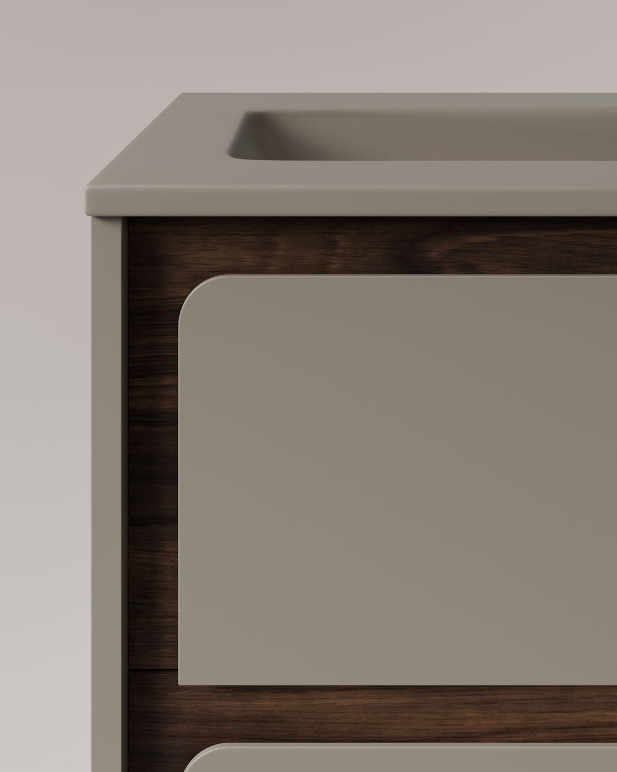 Cyra 2 tiroirs Quartz Noyer – avec plan vasque Meira Quartz, Tablier 2 cm, sans trou de robinet, vue de détail