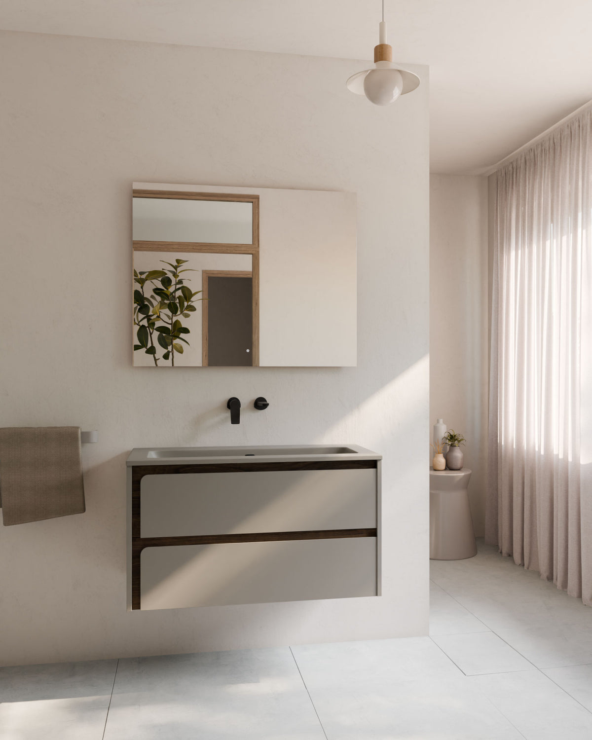 Cyra 2 tiroirs Quartz Noyer – avec plan vasque Meira Quartz, Tablier 2 cm, sans trou de robinet, vue de face