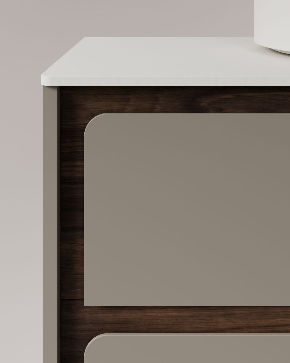 Cyra 2 tiroirs Quartz Noyer – avec plan de travail Blanc, vue de détail
