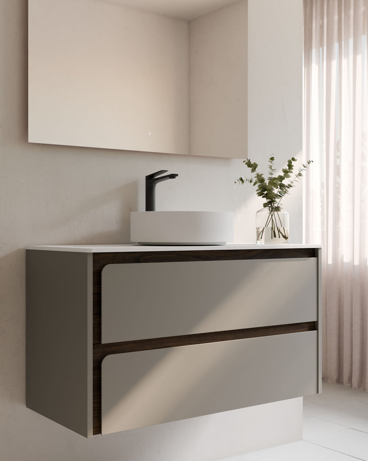 Cyra 2 tiroirs Quartz Noyer – avec plan de travail Blanc, gros plan