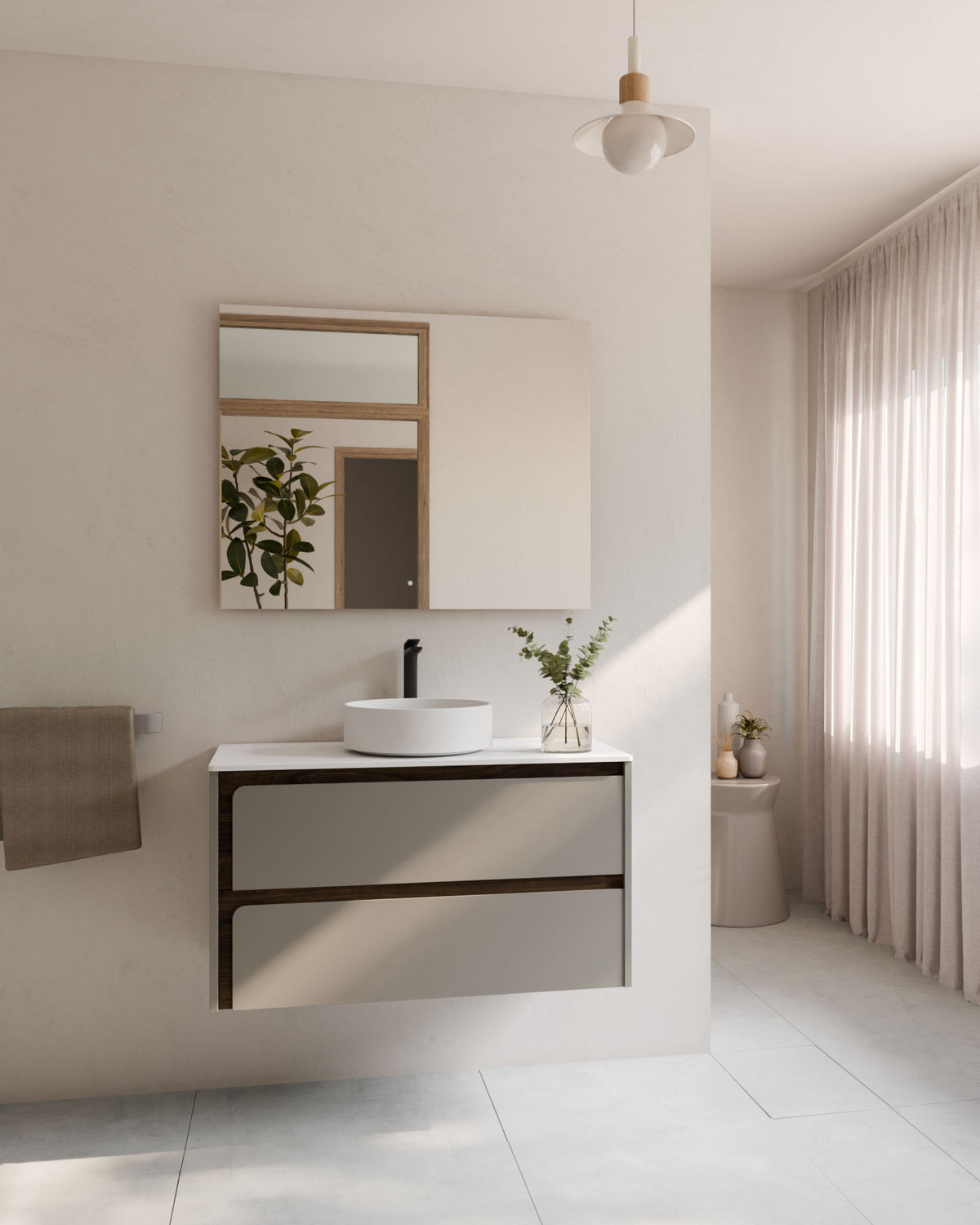 Cyra 2 tiroirs Quartz Noyer – avec plan de travail Blanc, vue de face