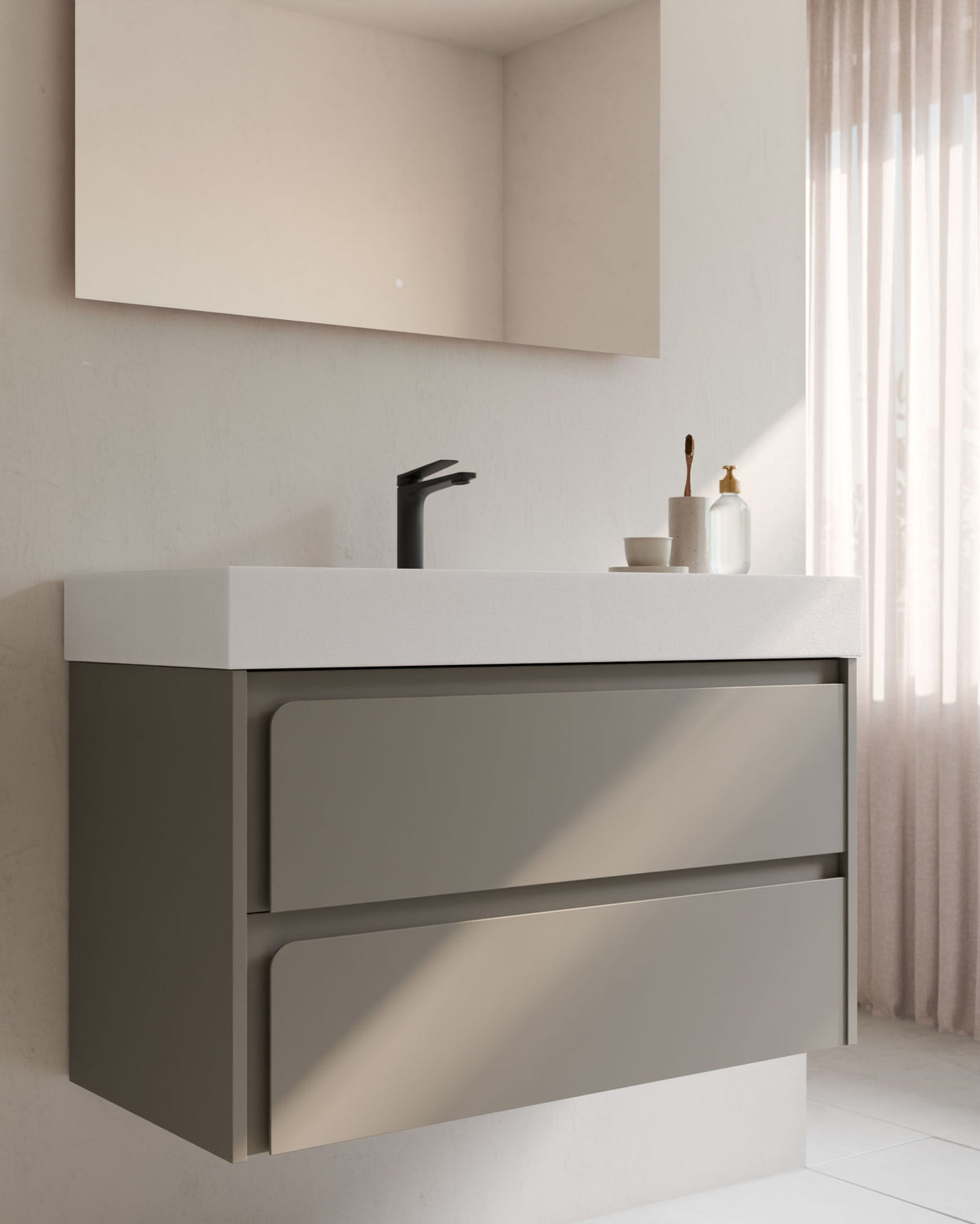 Cyra 2 cajones cuarzo cuarzo – con lavabo integrado Toren Blanco, Faldón 10 cm, con agujero de grifo, primer plano