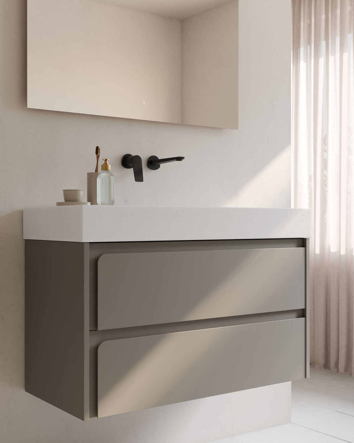 Cyra 2 cajones cuarzo cuarzo – con lavabo integrado Toren Blanco, Faldón 10 cm, sin agujero de grifo, primer plano