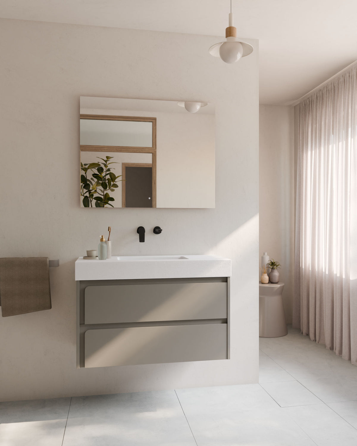 Cyra 2 cajones cuarzo cuarzo – con lavabo integrado Toren Blanco, Faldón 10 cm, sin agujero de grifo, vista frontal
