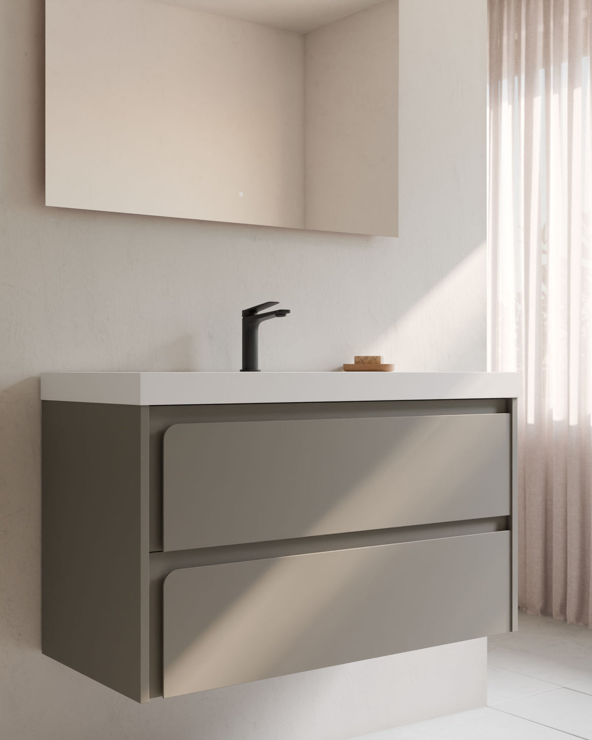Cyra 2 cajones cuarzo cuarzo – con lavabo integrado Ardelia Blanco, Faldón 6 cm, con agujero de grifo, primer plano