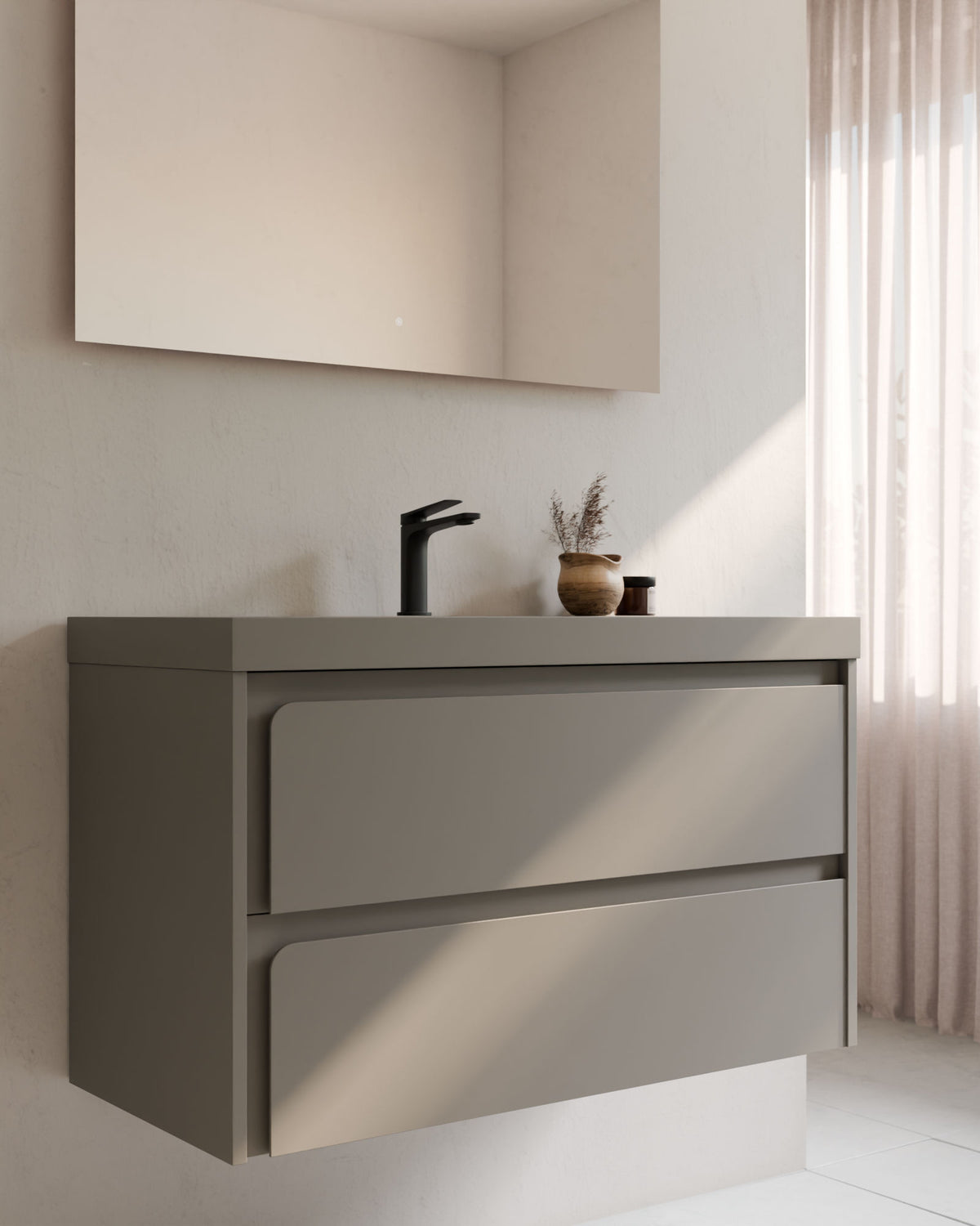 Cyra 2 cajones cuarzo cuarzo – con lavabo integrado Ardelia Cuarzo, Faldón 6 cm, con agujero de grifo, primer plano