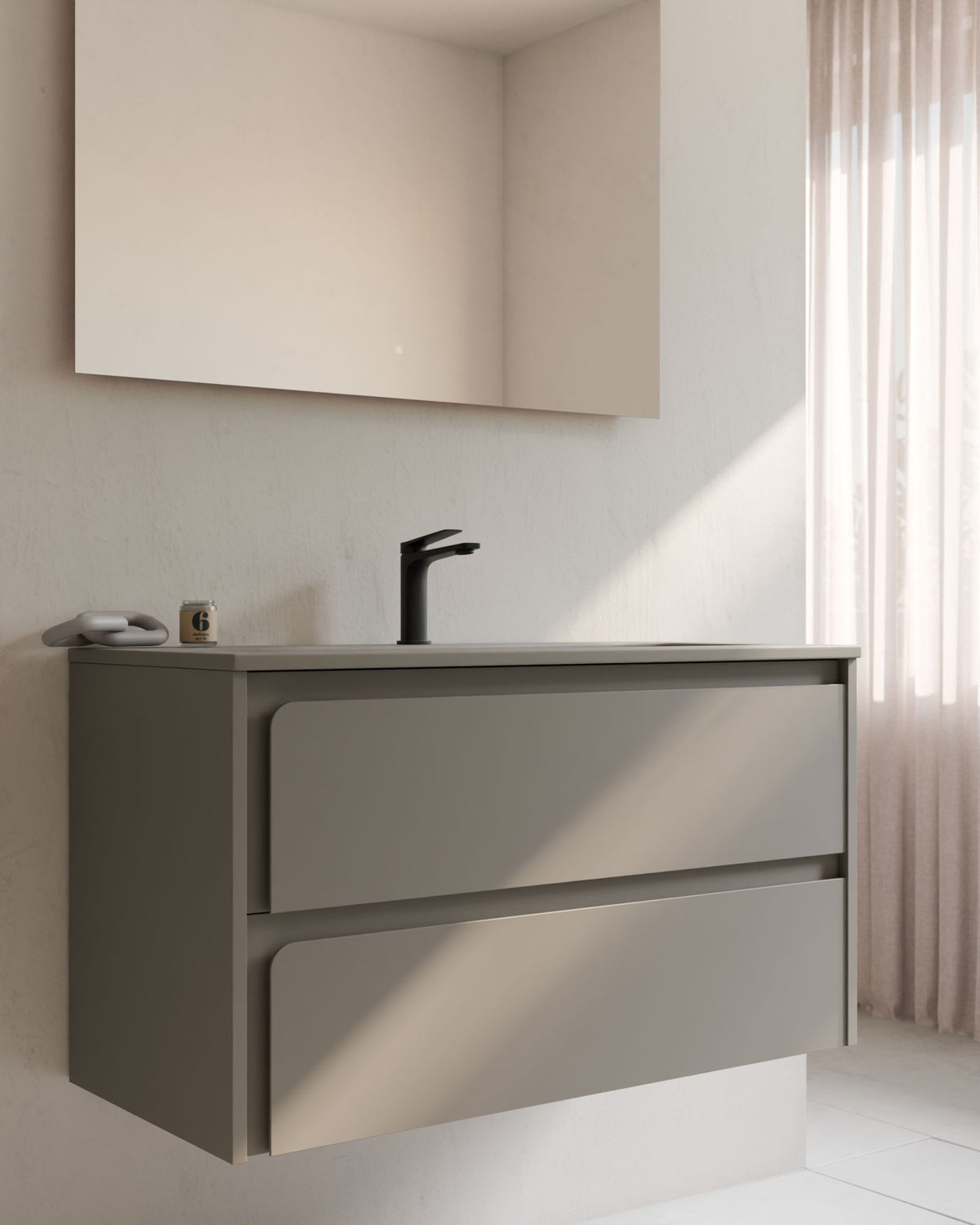 Cyra 2 cajones cuarzo cuarzo – con lavabo integrado Meira Cuarzo, Faldón 2 cm, con agujero de grifo, primer plano
