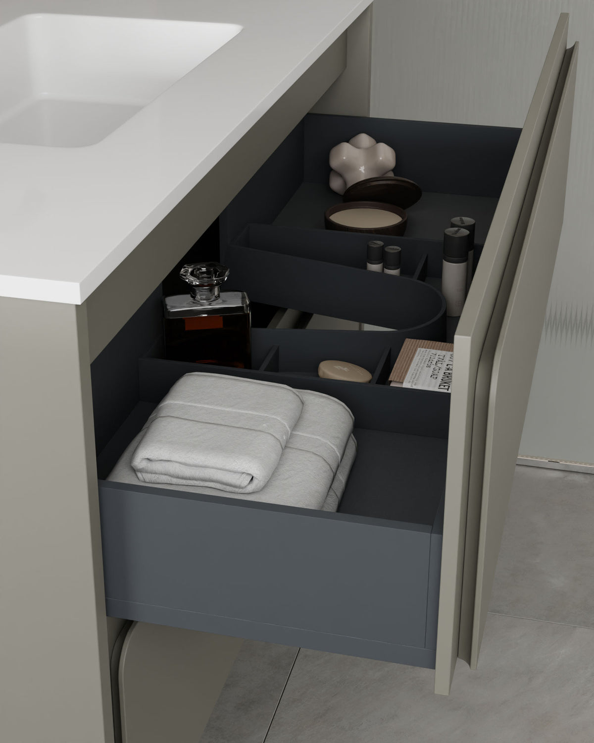 Cyra 2 cajones cuarzo cuarzo – con lavabo integrado Toren Blanco, Faldón 2 cm, con agujero de grifo, vista del cajón