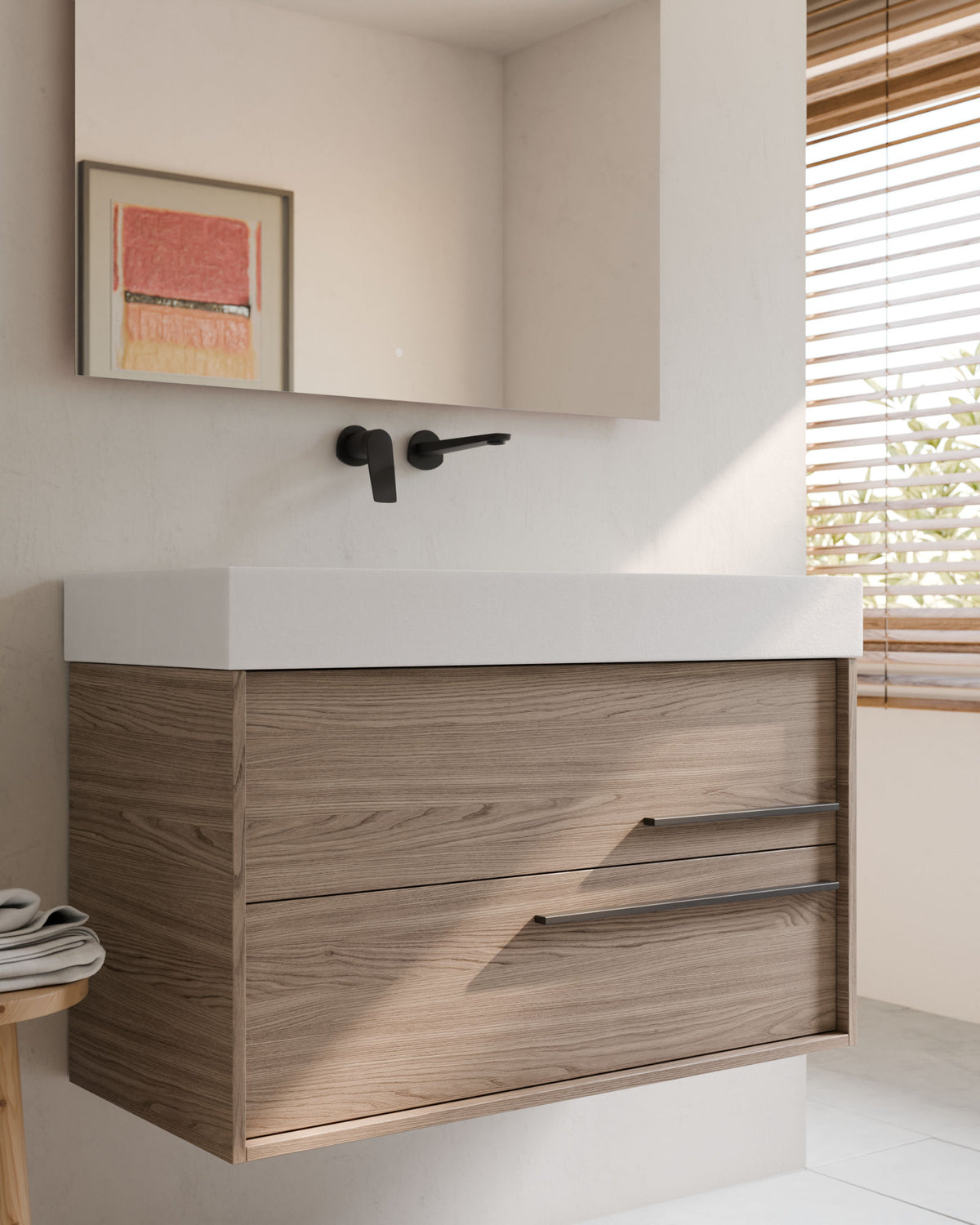 Marel 2 cajones roble ahumado grafito – con lavabo integrado Toren Blanco, Faldón 10 cm, sin agujero de grifo, primer plano