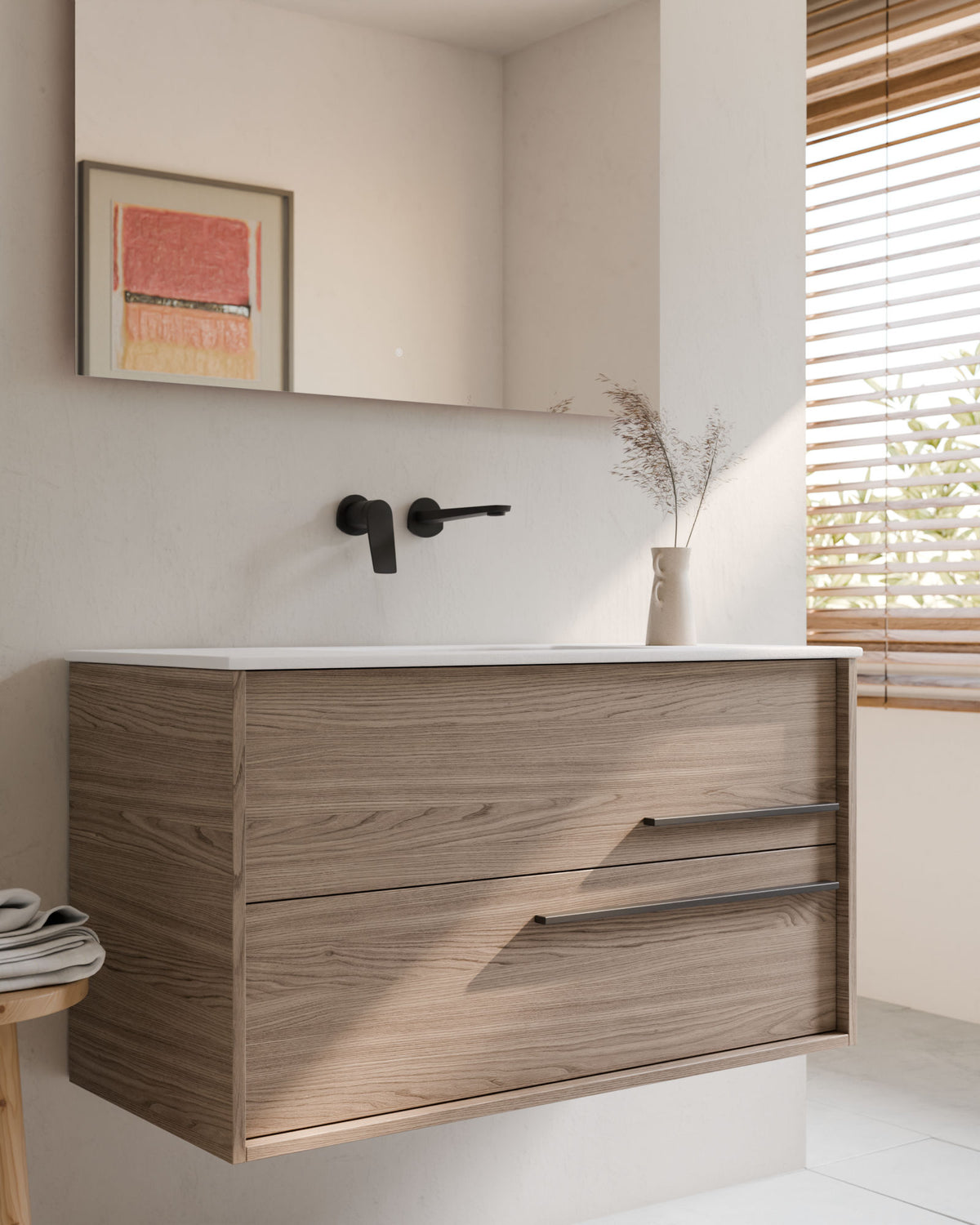Marel 2 cajones roble ahumado grafito – con lavabo integrado Toren Blanco, Faldón 2 cm, sin agujero de grifo, primer plano