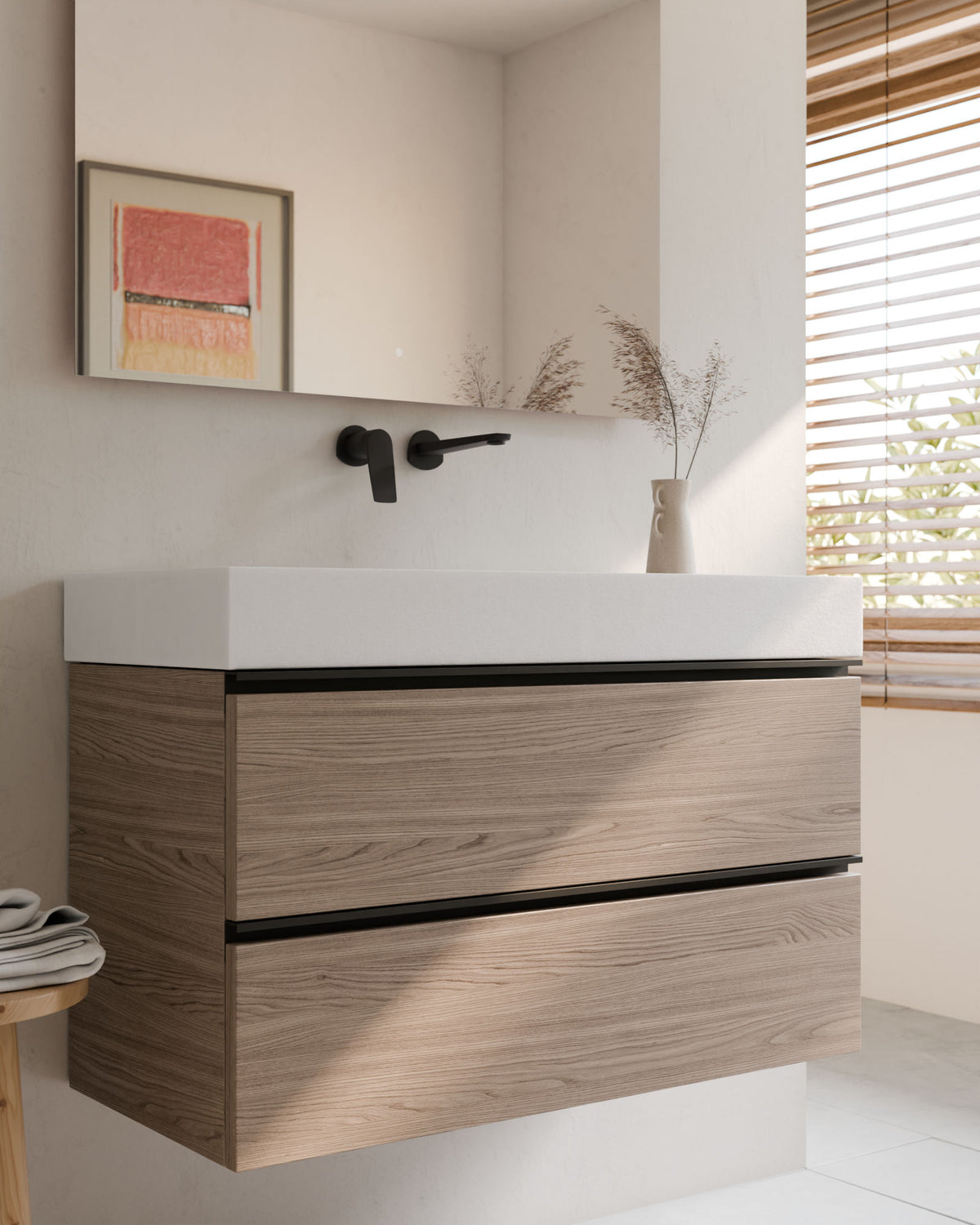 Ronda 2 cajones roble ahumado negro – con lavabo integrado Toren Blanco, Faldón 10 cm, sin agujero de grifo, primer plano