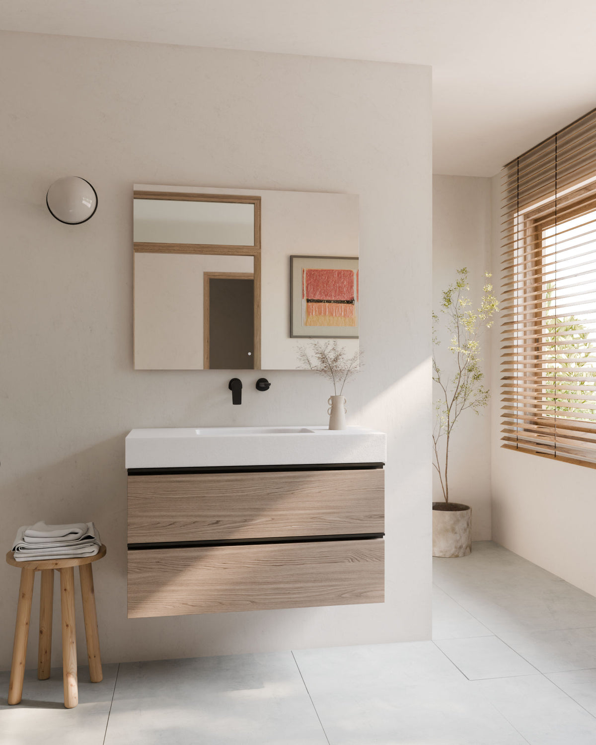 Ronda 2 cajones roble ahumado negro – con lavabo integrado Toren Blanco, Faldón 10 cm, sin agujero de grifo, vista frontal