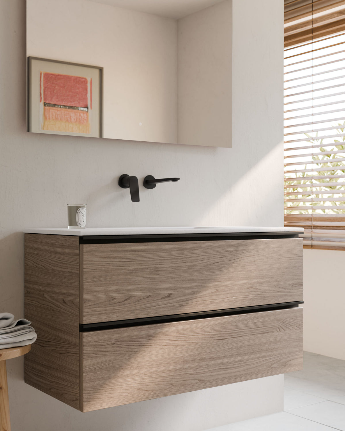 Ronda 2 cajones roble ahumado negro – con lavabo integrado Toren Blanco, Faldón 2 cm, sin agujero de grifo, primer plano