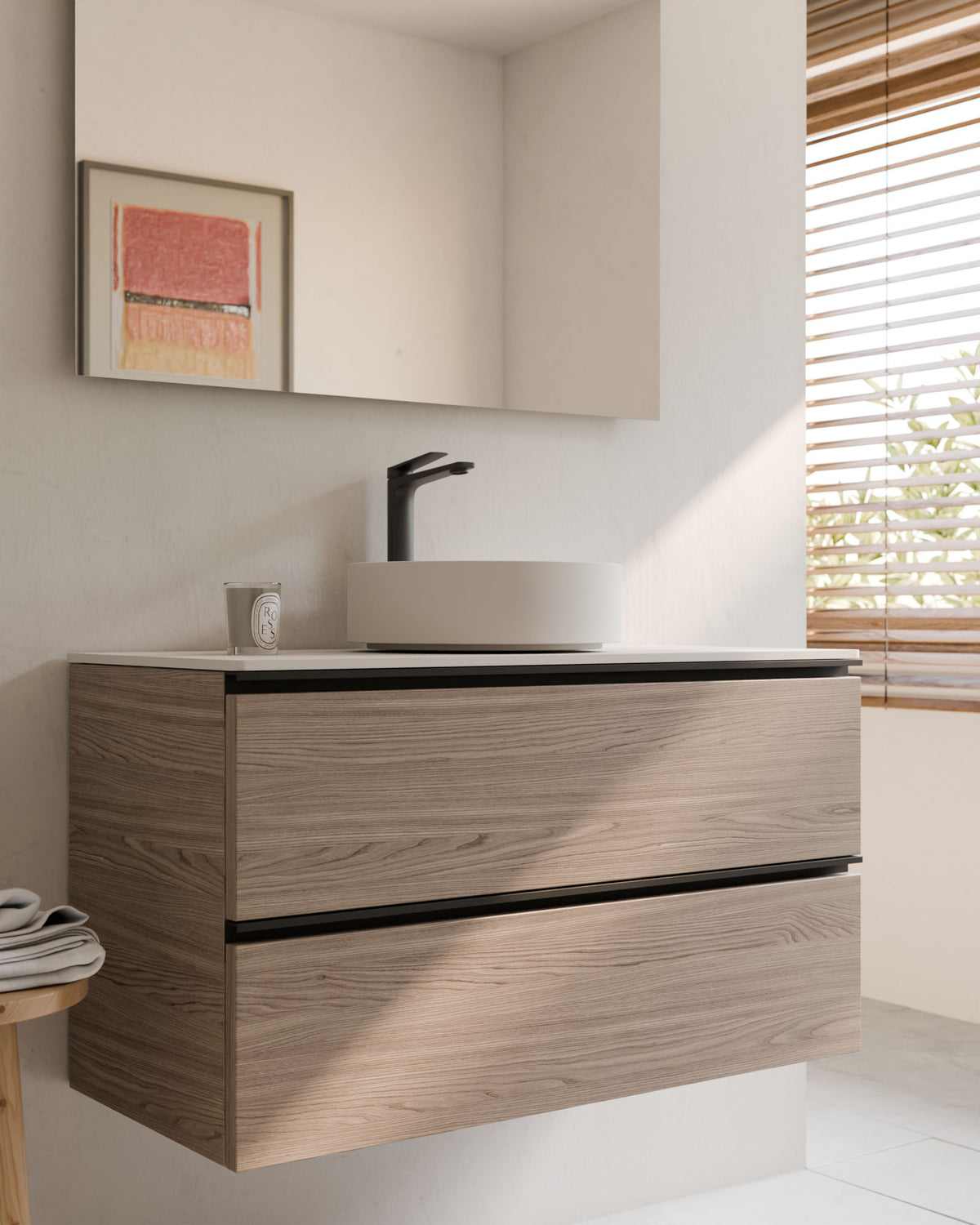 Ronda 2 cajones roble ahumado negro – con encimera Blanco, primer plano