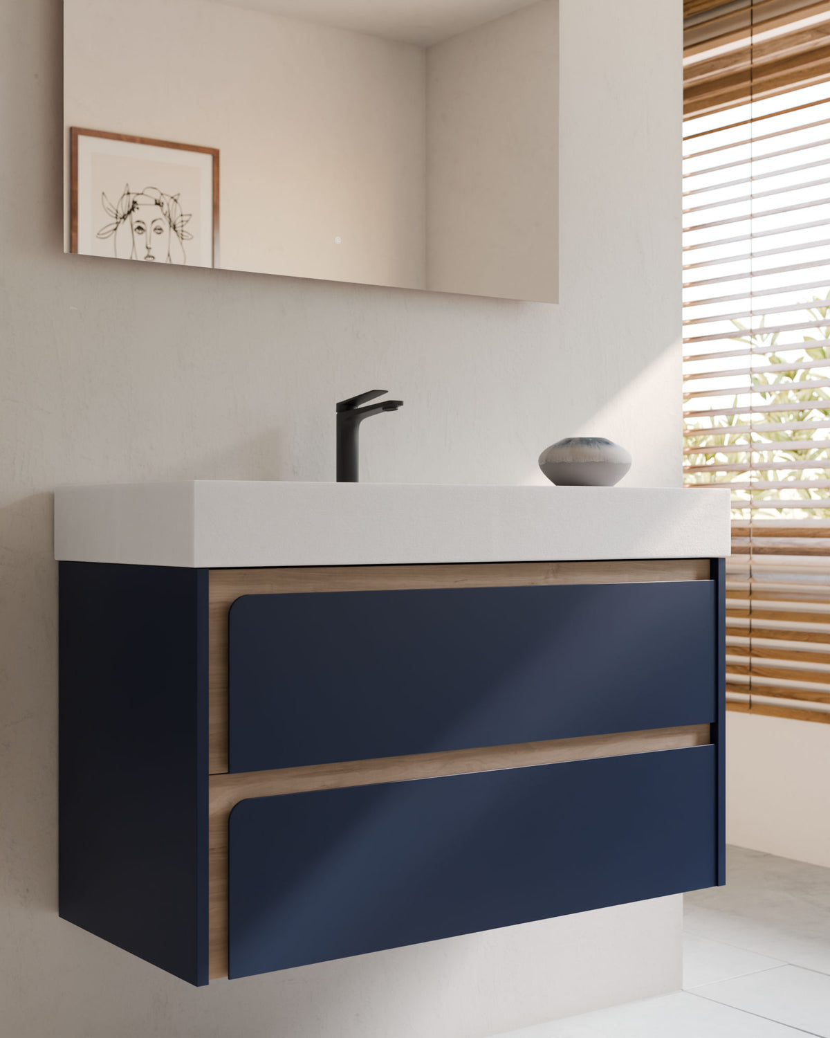Cyra 2 cajones zafiro roble marfil – con lavabo integrado Toren Blanco, Faldón 10 cm, con agujero de grifo, primer plano