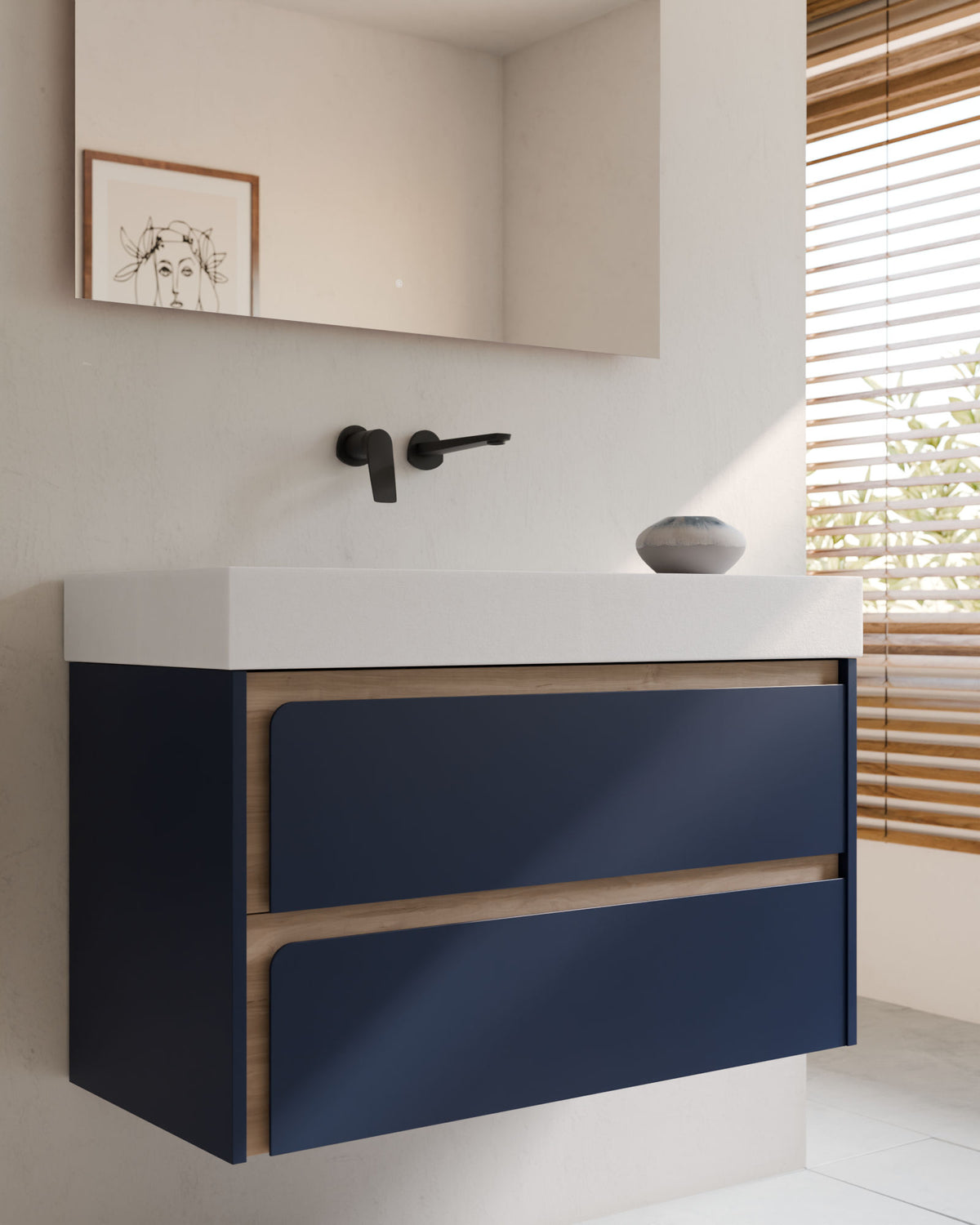 Cyra 2 cajones zafiro roble marfil – con lavabo integrado Toren Blanco, Faldón 10 cm, sin agujero de grifo, primer plano
